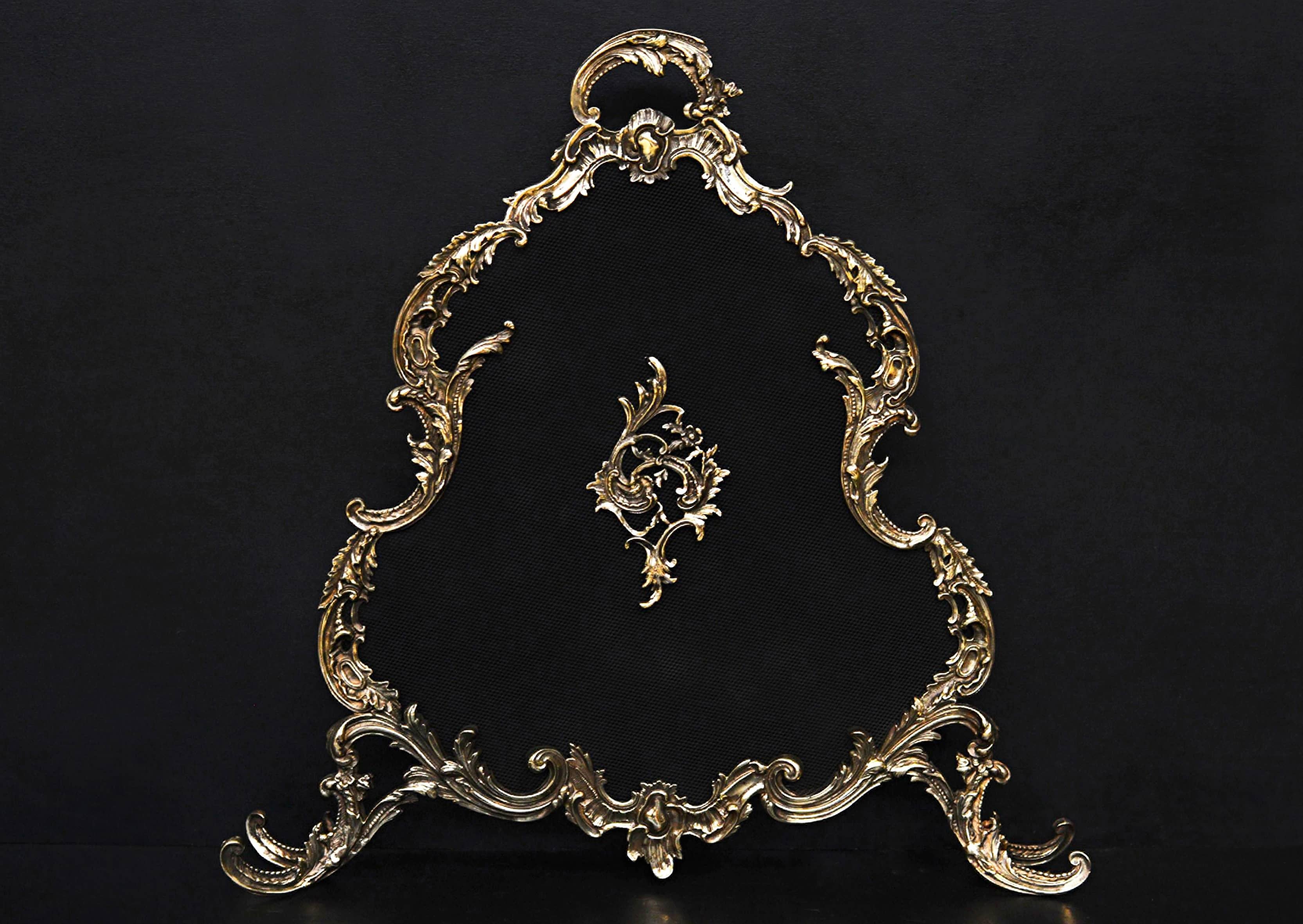 19th Century French Louis XV Style Brass Firescreen with Scrolls and Leaf Form Throughout For Sale