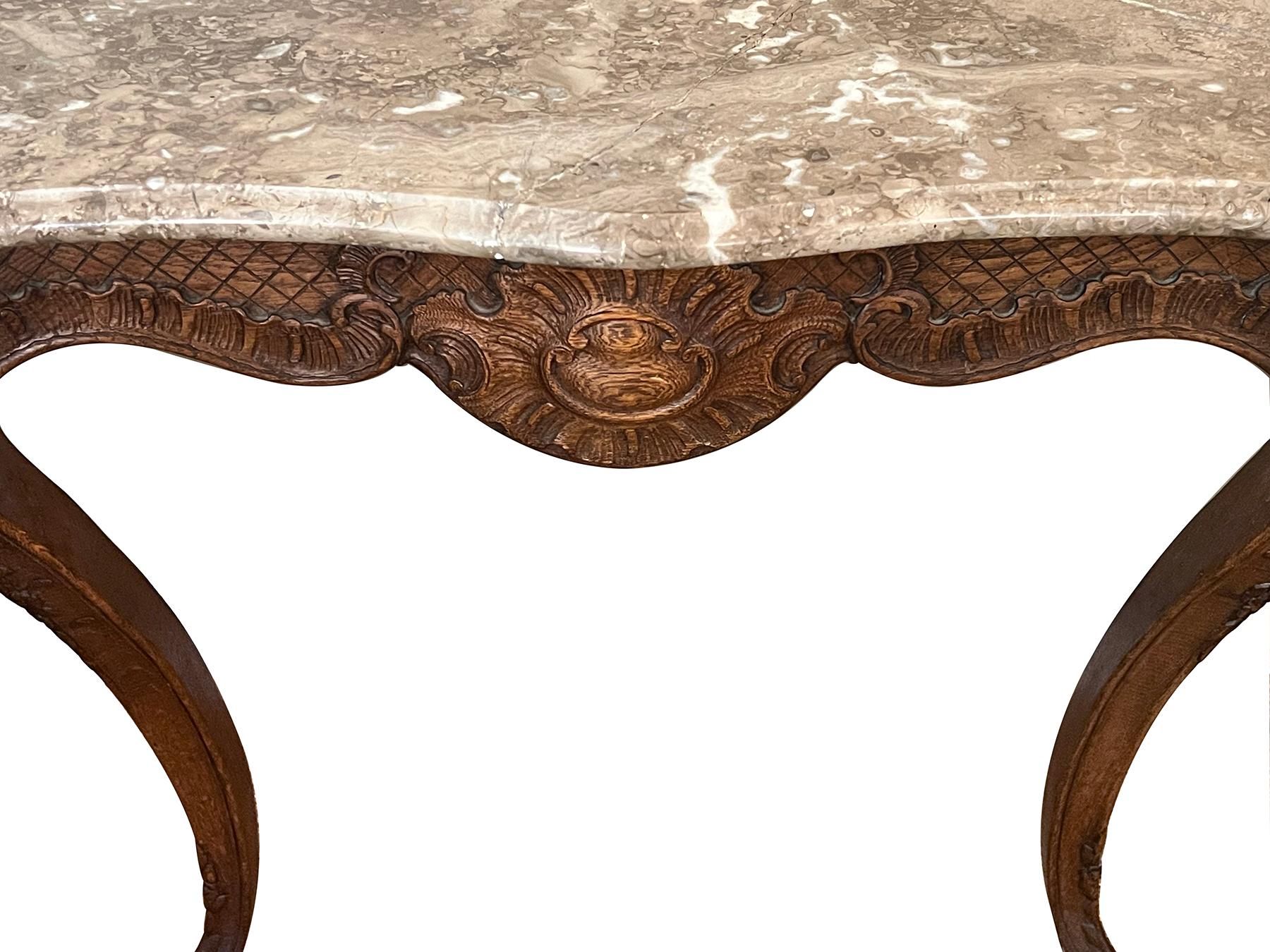 19th Century A French Louis XV Style Carved Oak Wall Console Table with Marble Top  For Sale