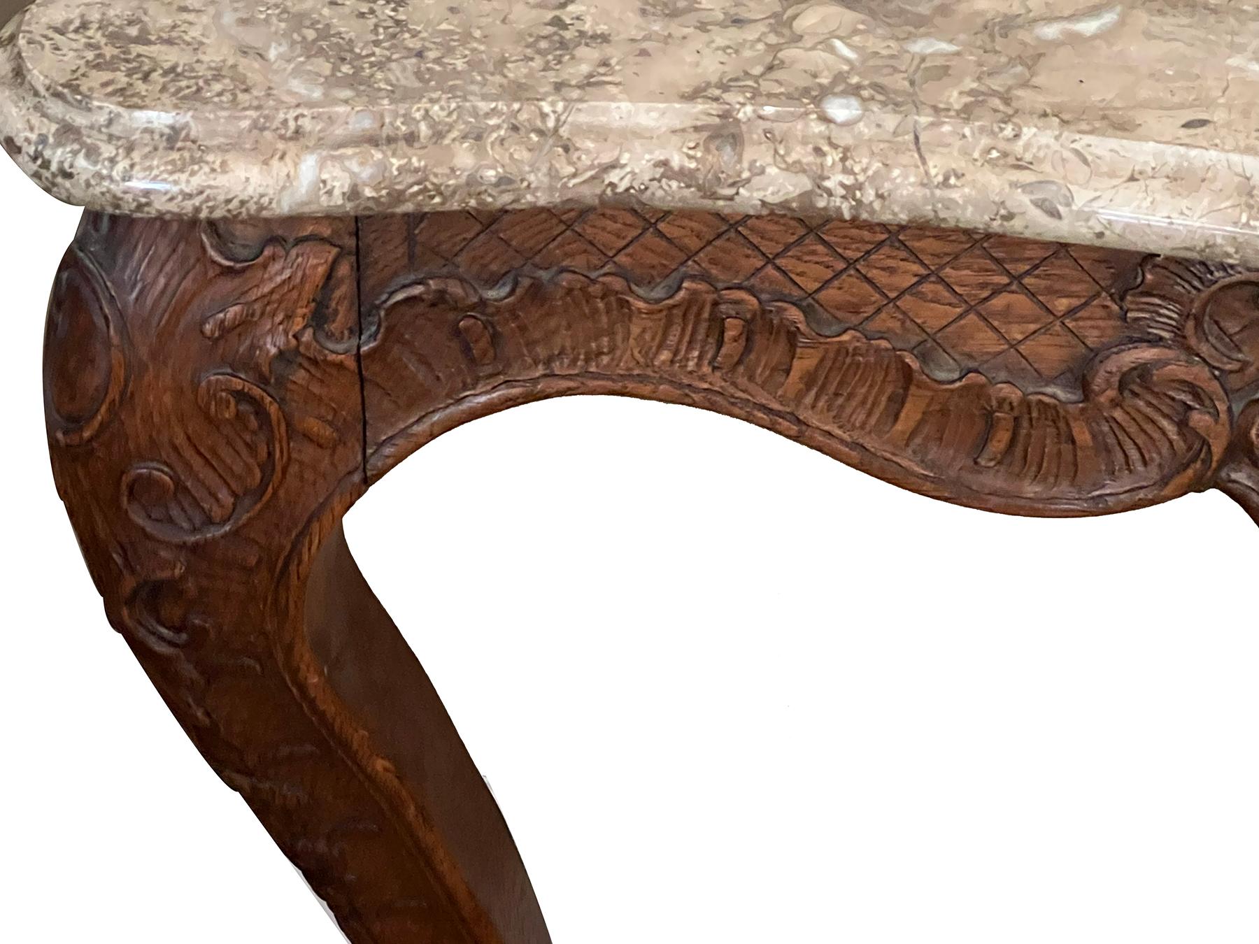 A French Louis XV Style Carved Oak Wall Console Table with Marble Top  For Sale 2
