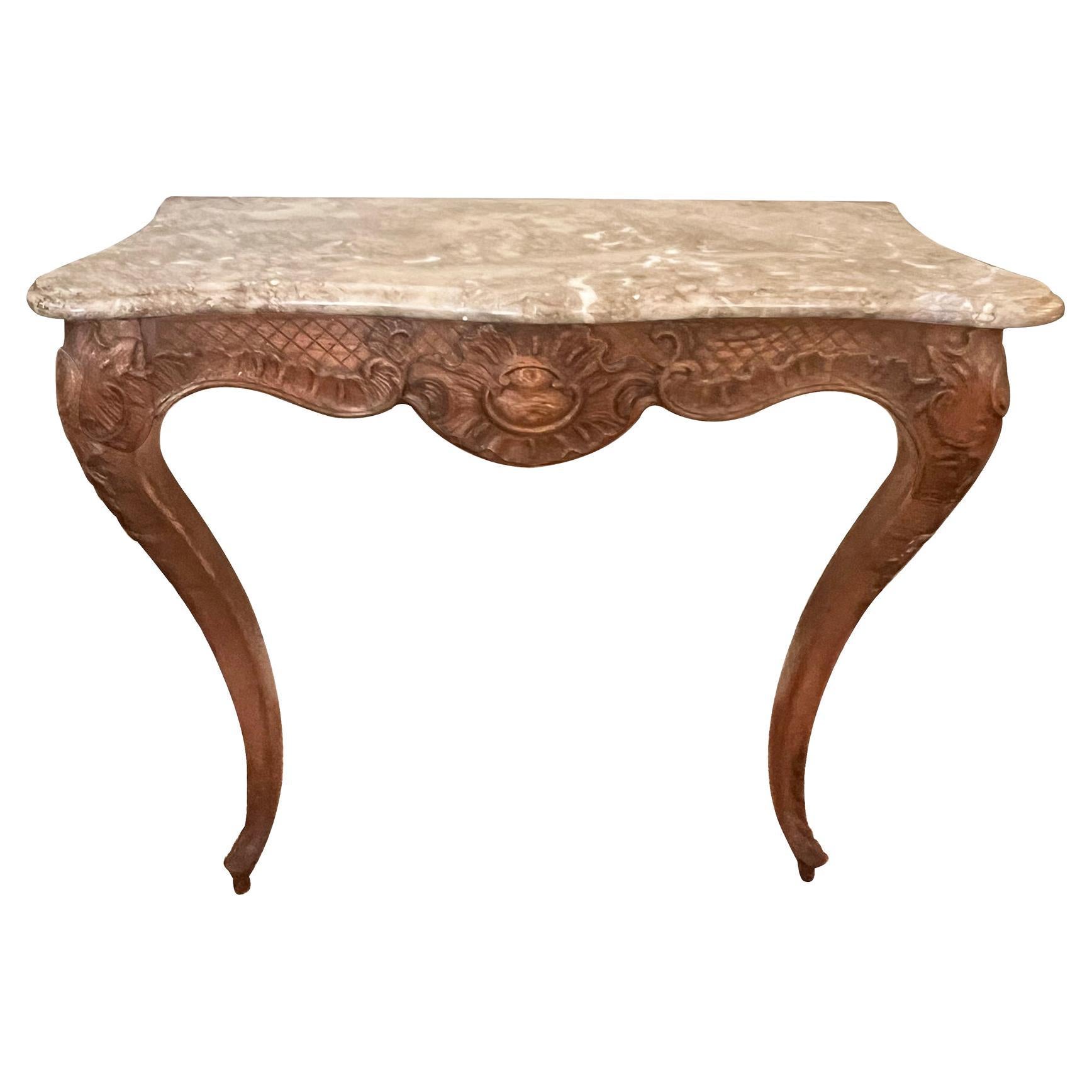 A French Louis XV Style Carved Oak Wall Console Table with Marble Top  For Sale