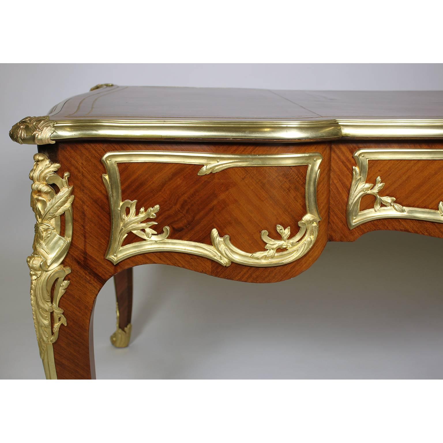 Veneer French Louis XV Style Gilt Bronze-Mounted Kingwood Three-Drawer Bureau Plat Desk For Sale