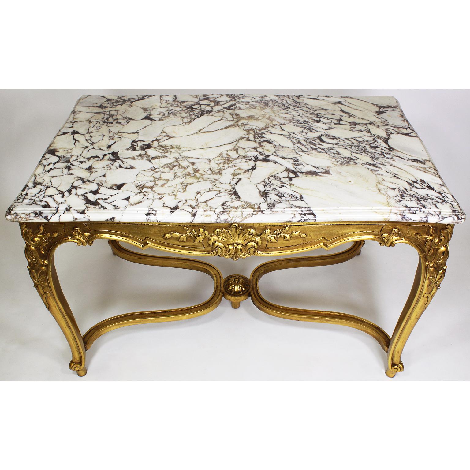 A French Louis XV Style Gilt Wood Carved Center Table Marble with Marble Top For Sale 1