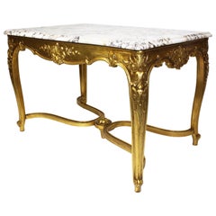 A French Louis XV Style Gilt Wood Carved Center Table Marble with Marble Top