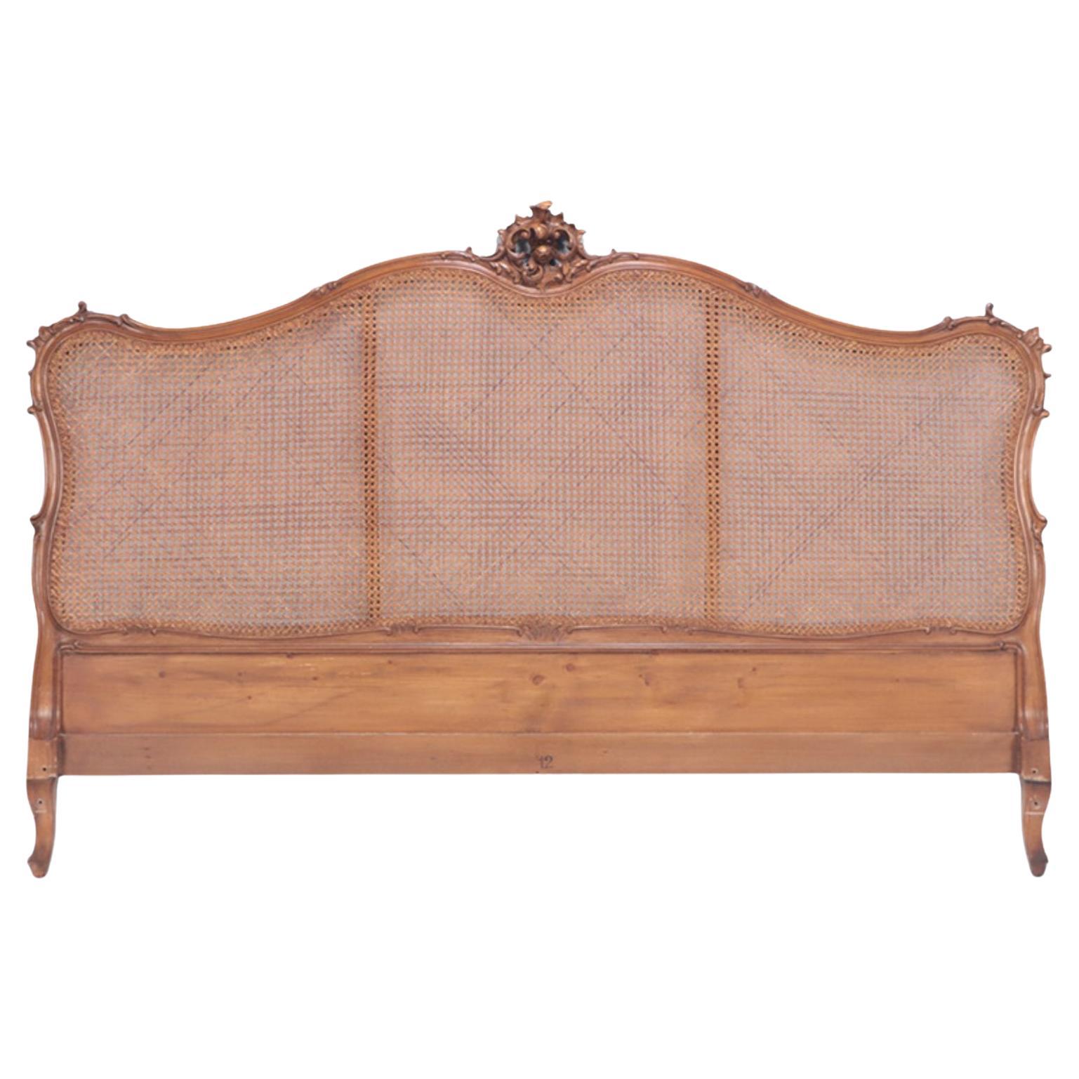 French Louis XV Style King Size Cain Head Board with Carved Crest, circa 1940
