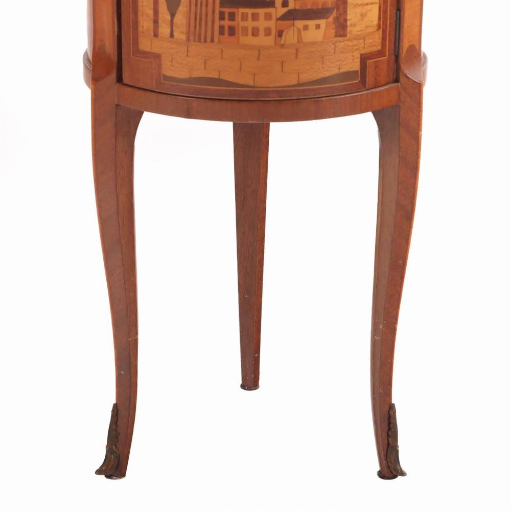 Inlay A French Louis XV style mixed woods marble top work table / nightstand, C. 1940. For Sale