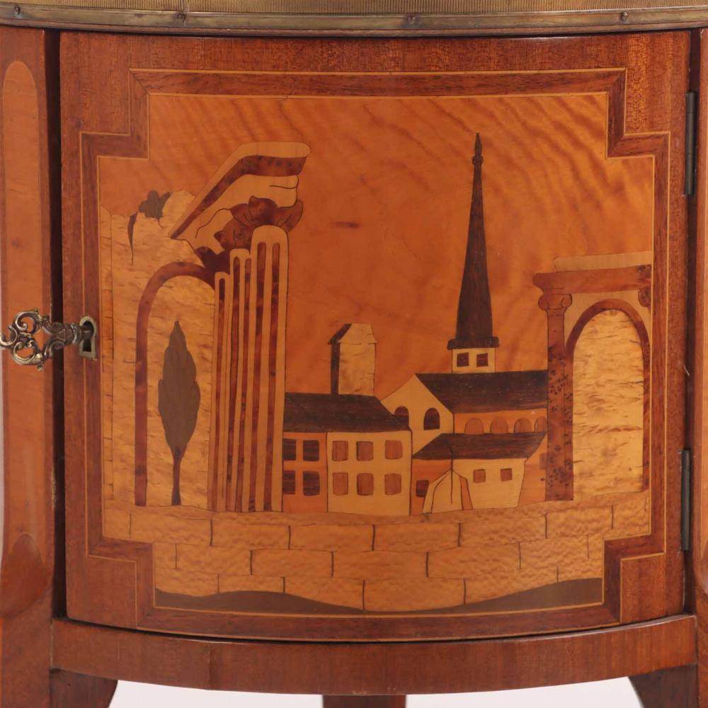 A French Louis XV style mixed woods marble top work table / nightstand, C. 1940. In Good Condition For Sale In Philadelphia, PA