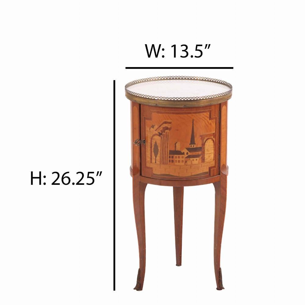 Brass A French Louis XV style mixed woods marble top work table / nightstand, C. 1940. For Sale