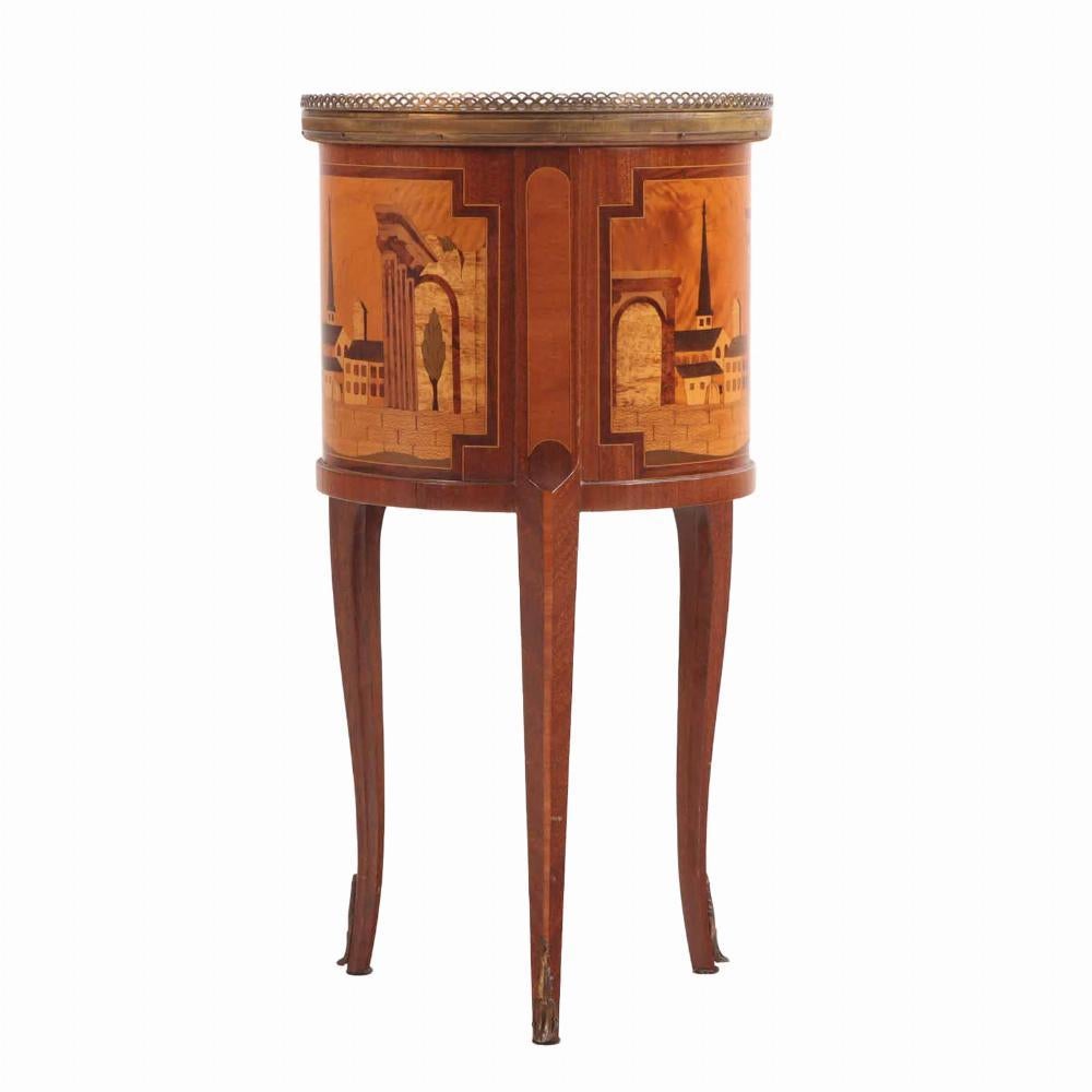 A French Louis XV style mixed woods marble top work table / nightstand, C. 1940. For Sale 1