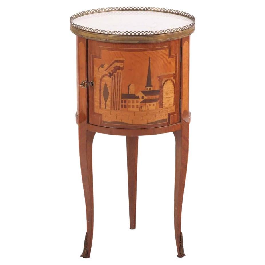 A French Louis XV style mixed woods marble top work table / nightstand, C. 1940. For Sale
