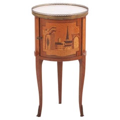 Antique A French Louis XV style mixed woods marble top work table / nightstand, C. 1940.
