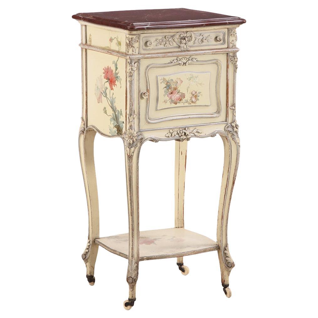 Table de nuit de style Louis XV à plateau de marbre décoré de peinture, C. 1890.
