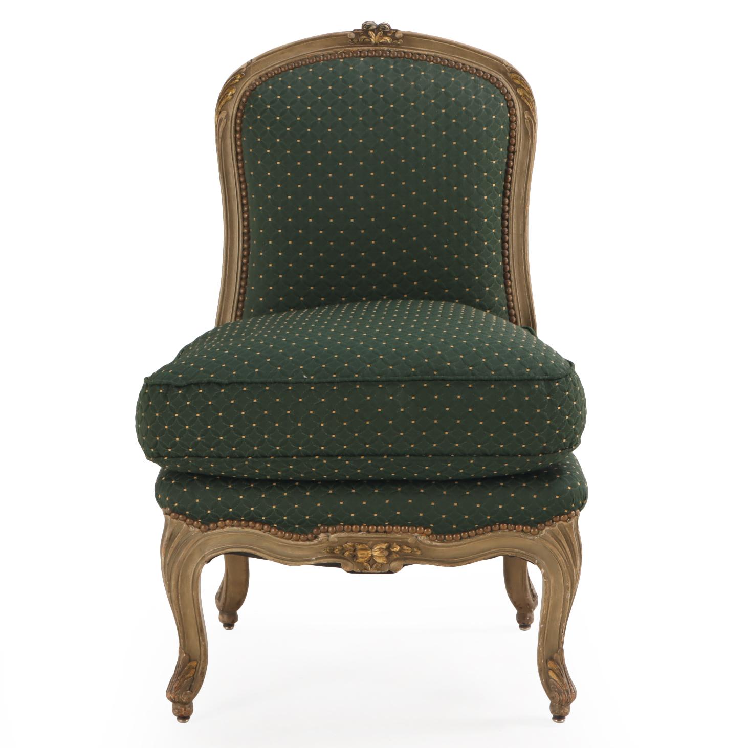 Upholstery A French Louis XV style Painted Boudoir Chair, C. 1920. For Sale
