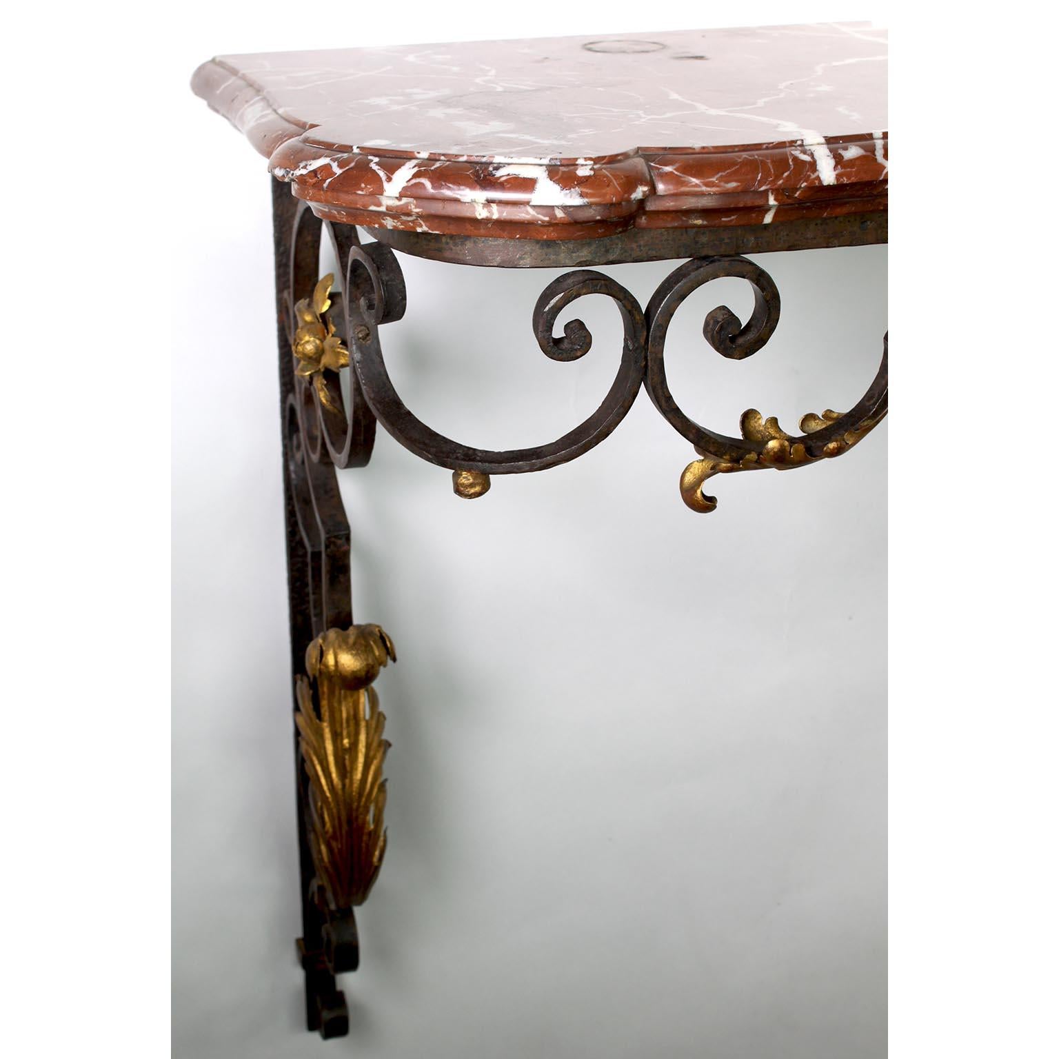 French Louis XV Style Parcel-Gilt Wrought Iron Wall Console with Marble Top In Fair Condition For Sale In Los Angeles, CA