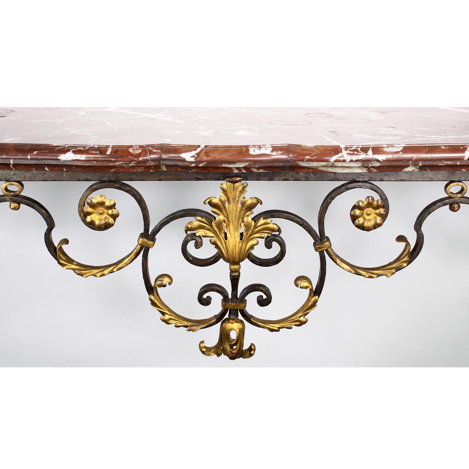 Early 20th Century French Louis XV Style Parcel-Gilt Wrought Iron Wall Console with Marble Top For Sale