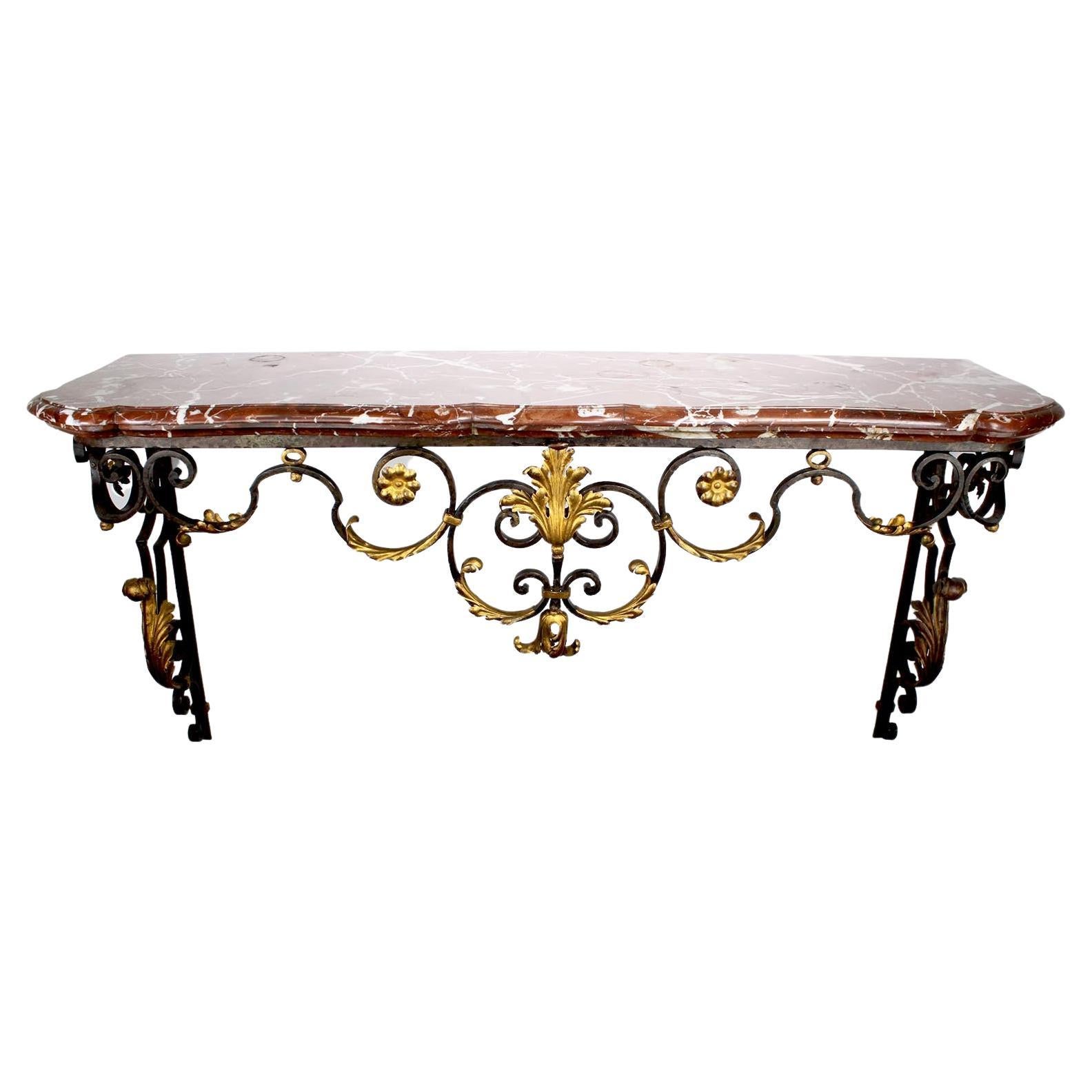 French Louis XV Style Parcel-Gilt Wrought Iron Wall Console with Marble Top For Sale