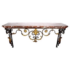 French Louis XV Style Parcel-Gilt Wrought Iron Wall Console with Marble Top