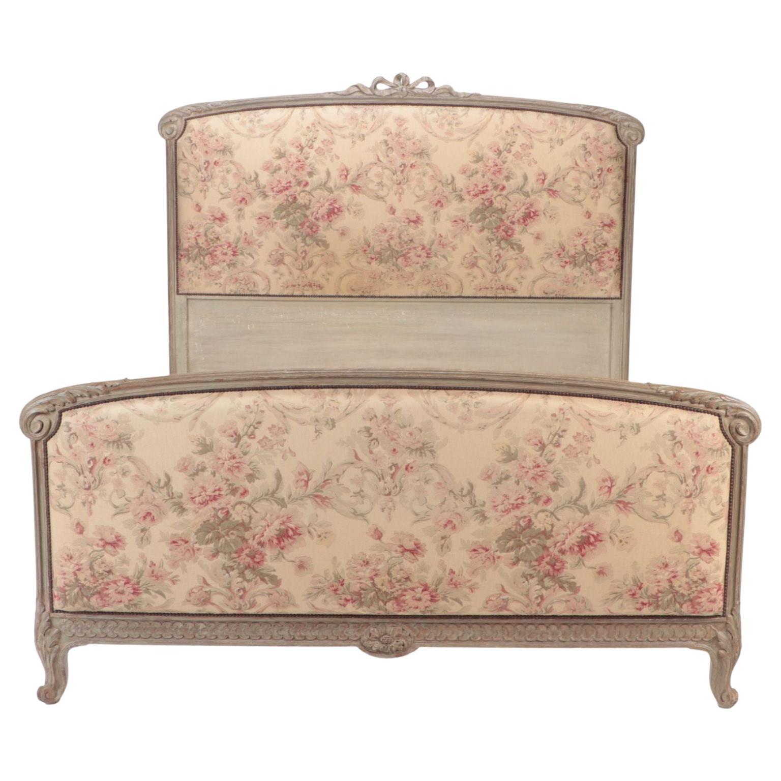 French Louis XV Style Oak and Velvet Bed Full or Queen Size, circa 1960