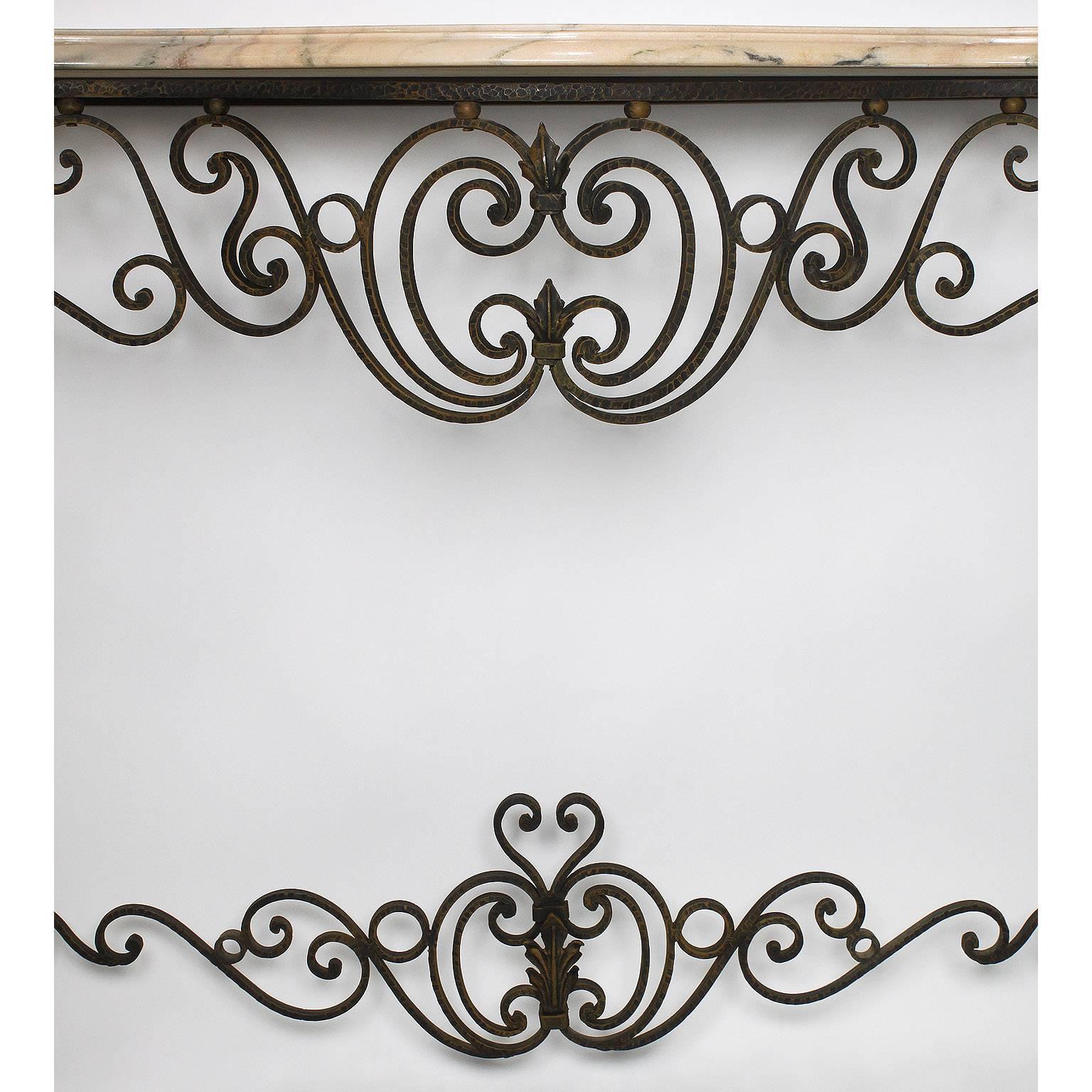 20th Century French Louis XV Style Wrought Iron Wall-Mounting Console with Marble Top For Sale