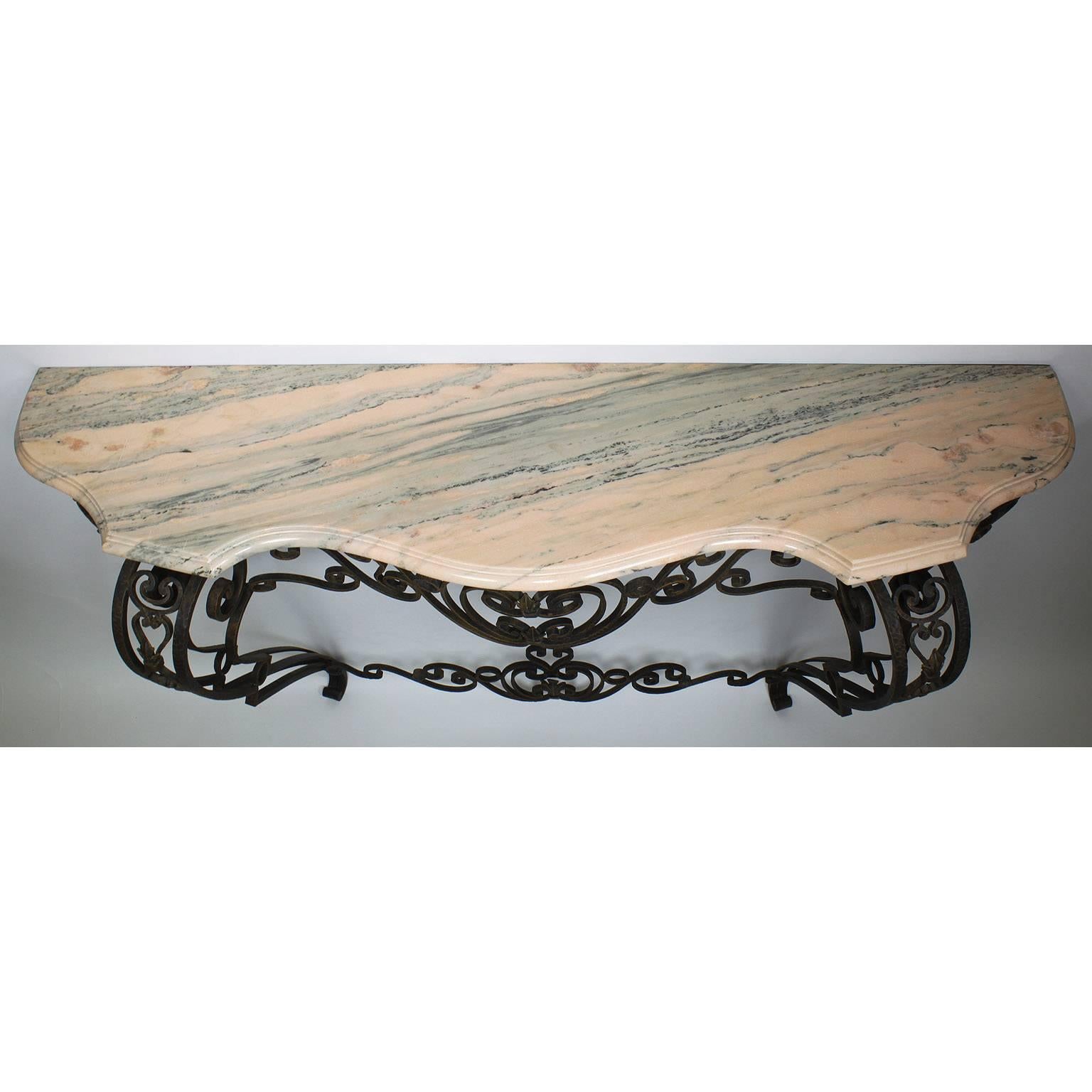 French Louis XV Style Wrought Iron Wall-Mounting Console with Marble Top For Sale 1