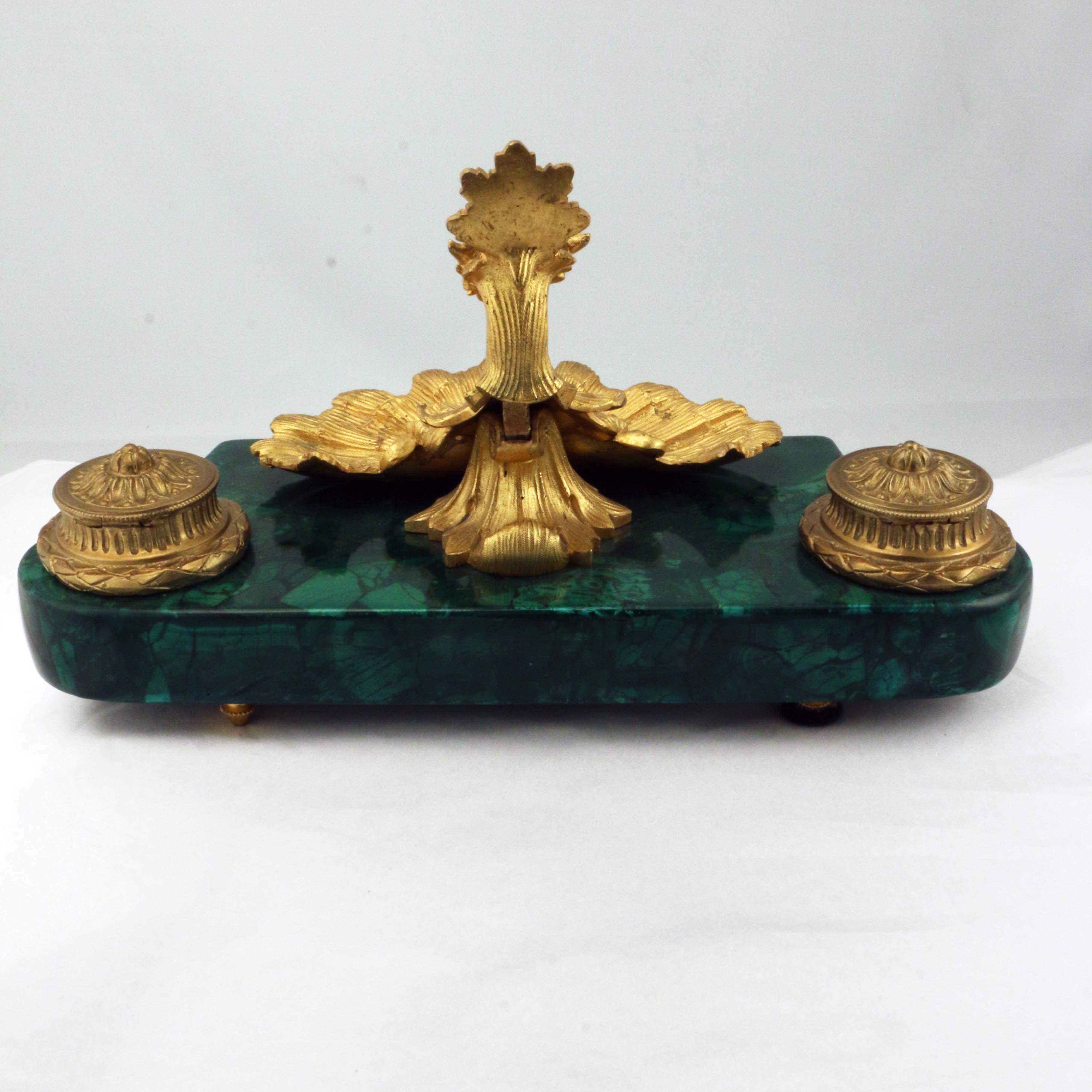 French Louis XV1 Style Malachite and Gilt Bronze Pen Tray For Sale 6