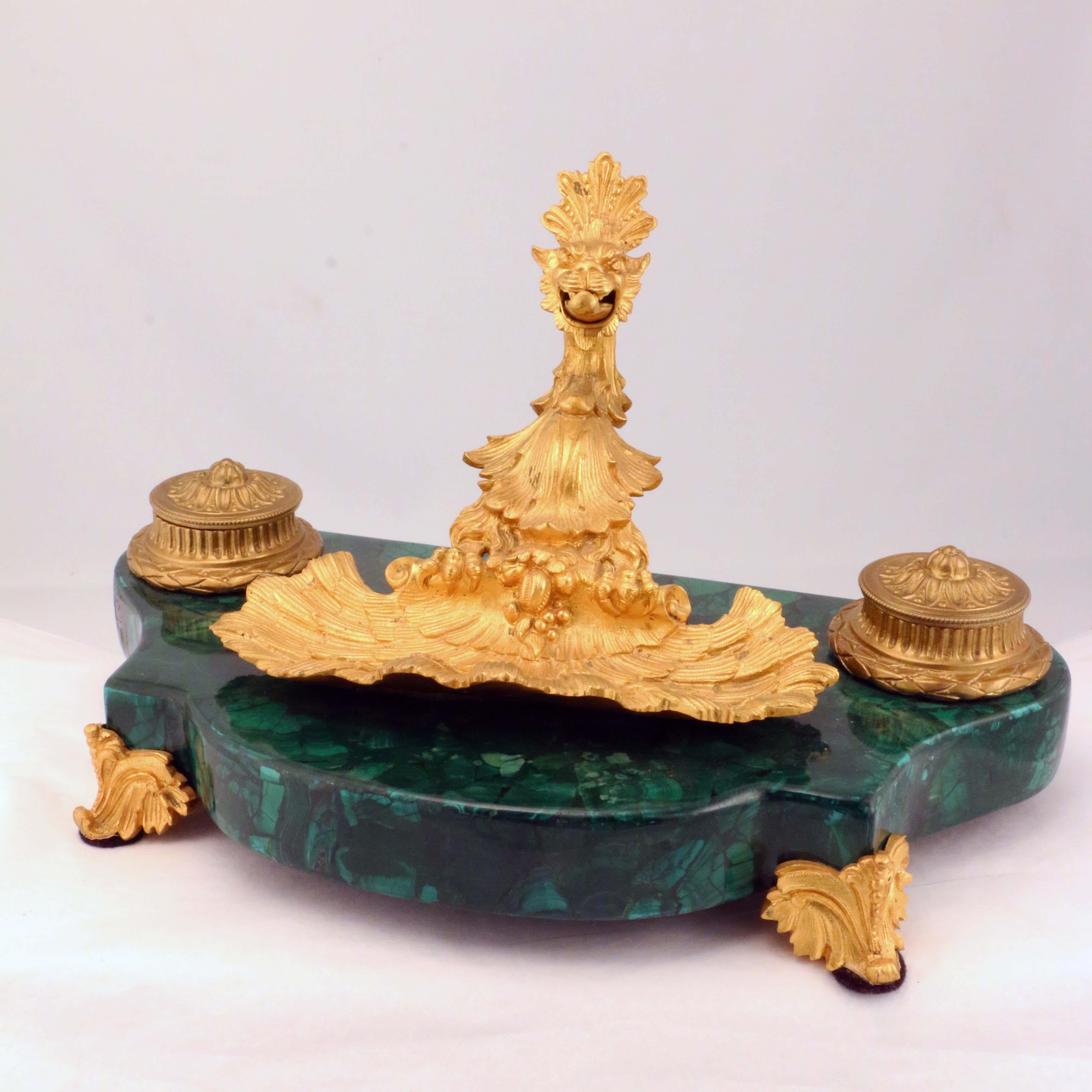 French Louis XV1 Style Malachite and Gilt Bronze Pen Tray For Sale 2