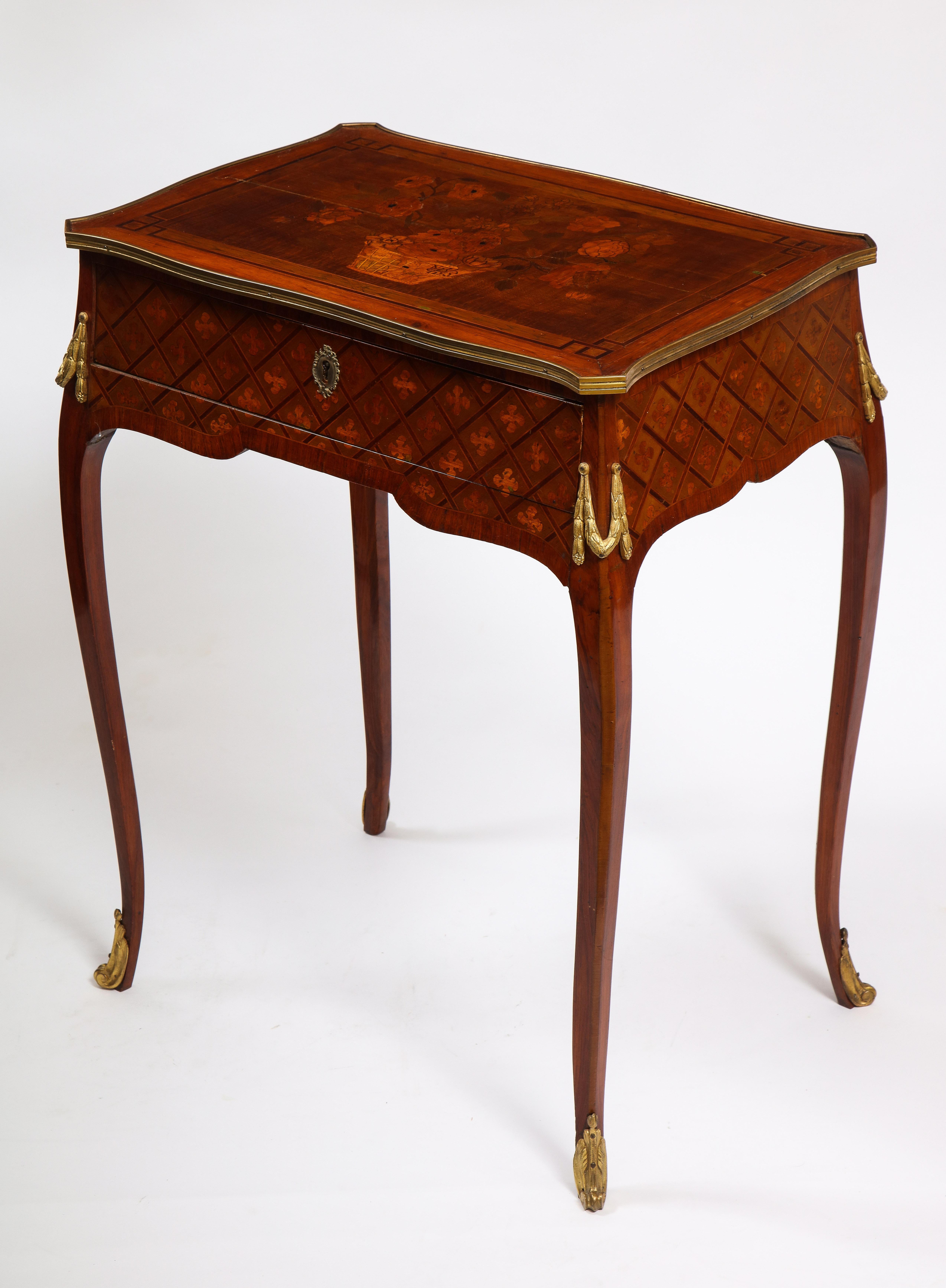 Hand-Carved French Louis XVI Period Dore Bronze Mounted Marquetry and Parquetry Side Table