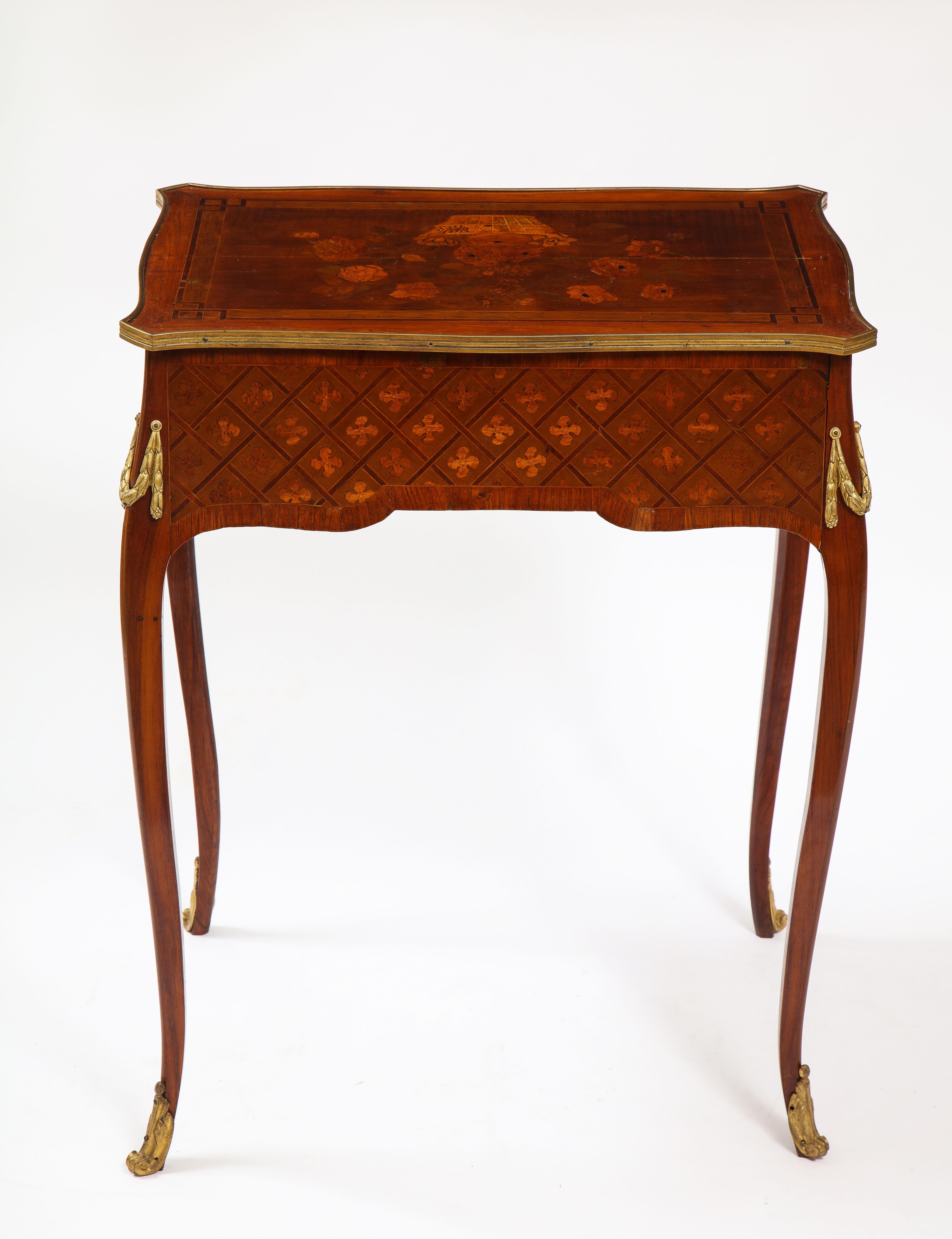 French Louis XVI Period Dore Bronze Mounted Marquetry and Parquetry Side Table In Good Condition In New York, NY