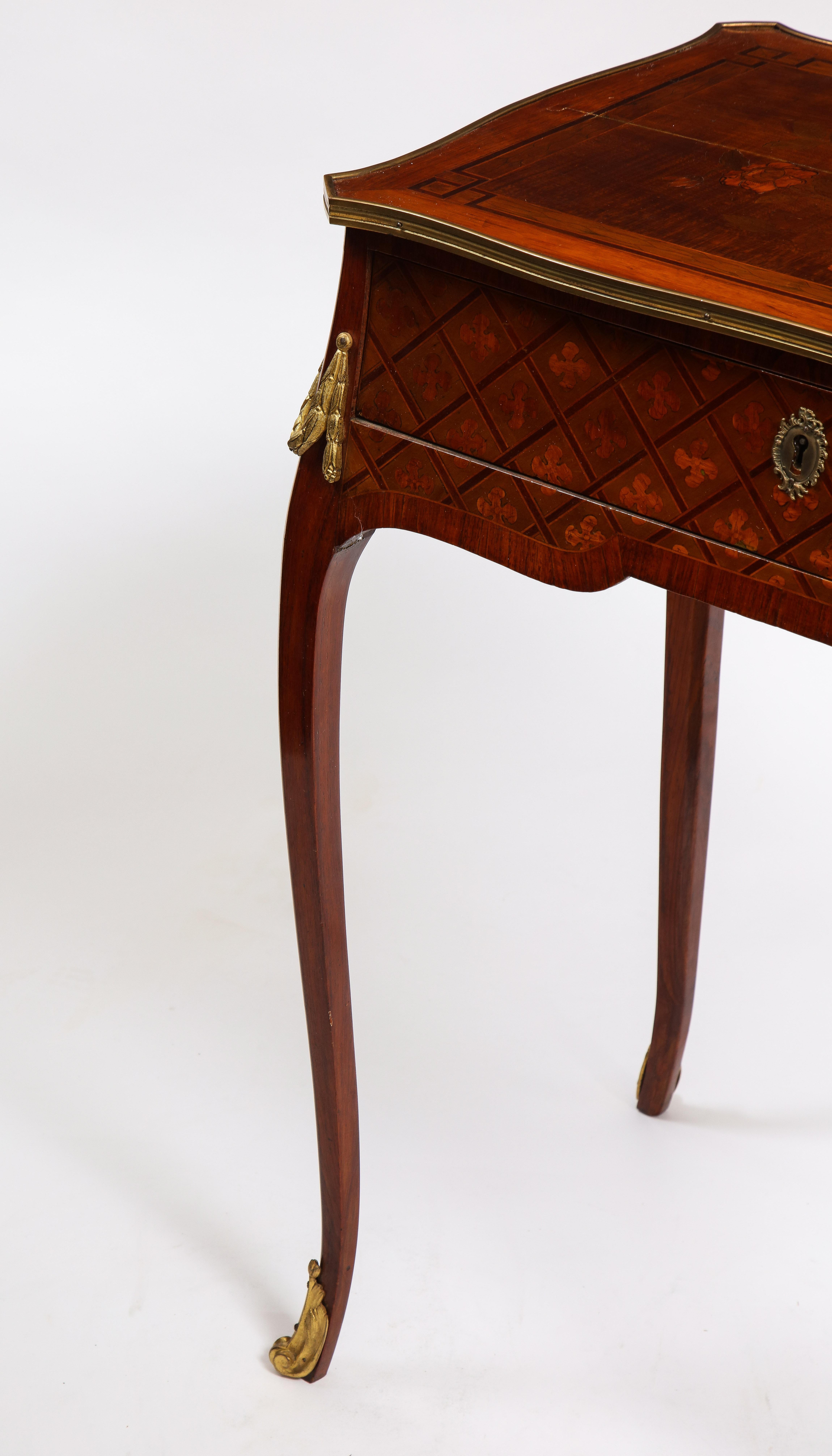 French Louis XVI Period Dore Bronze Mounted Marquetry and Parquetry Side Table 3
