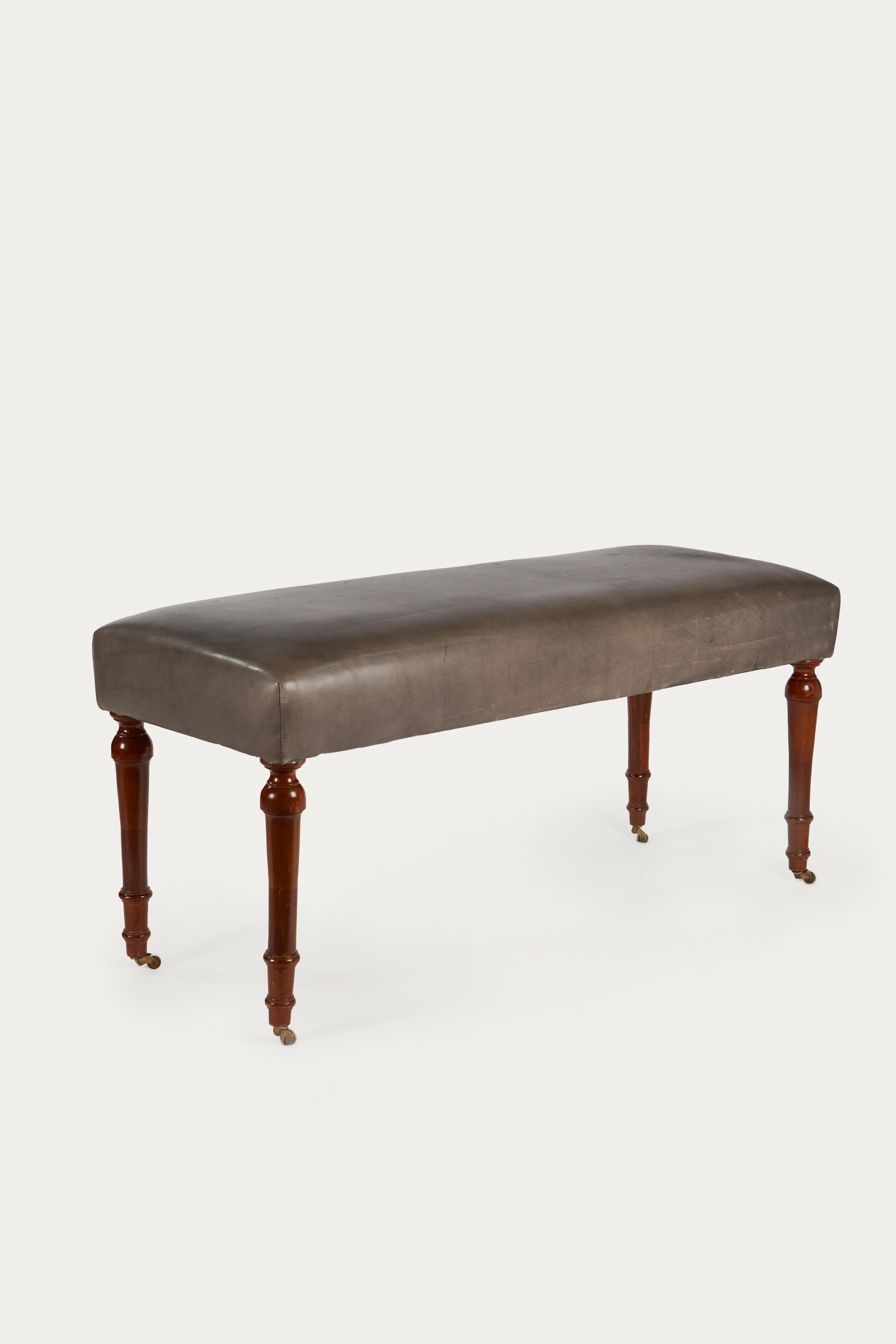 20th Century French Louis XVI Style Bench with Mahogany Legs and Brass Casters For Sale