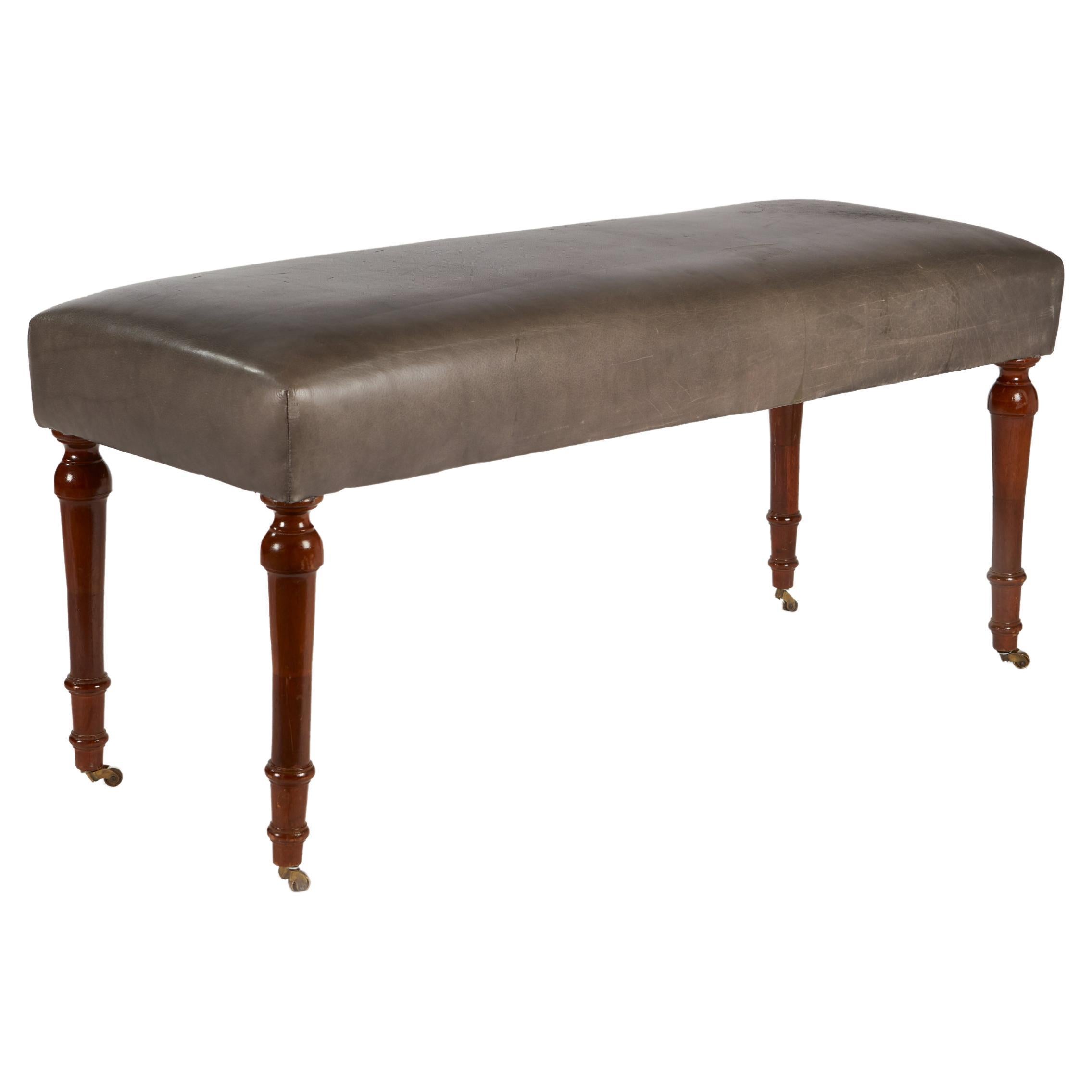 French Louis XVI Style Bench with Mahogany Legs and Brass Casters For Sale