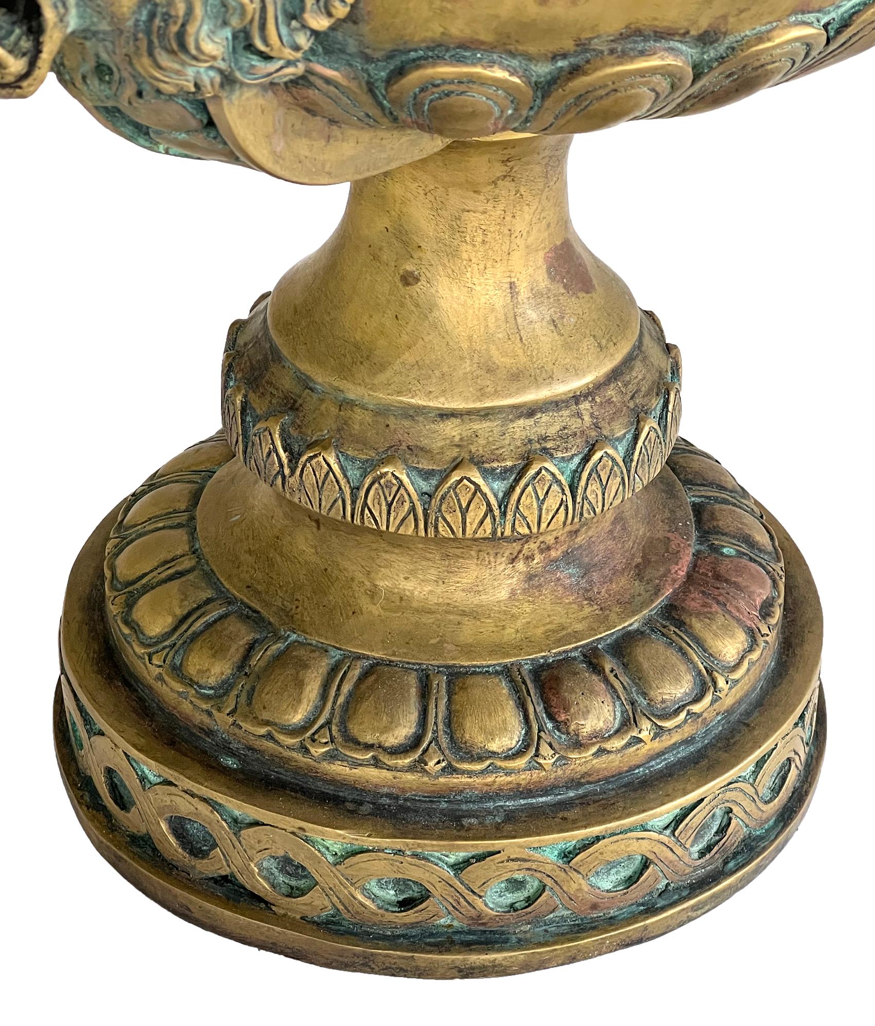 Cast French Louis XVI Style Brass Pedestal Urn with Lion Mask Handles
