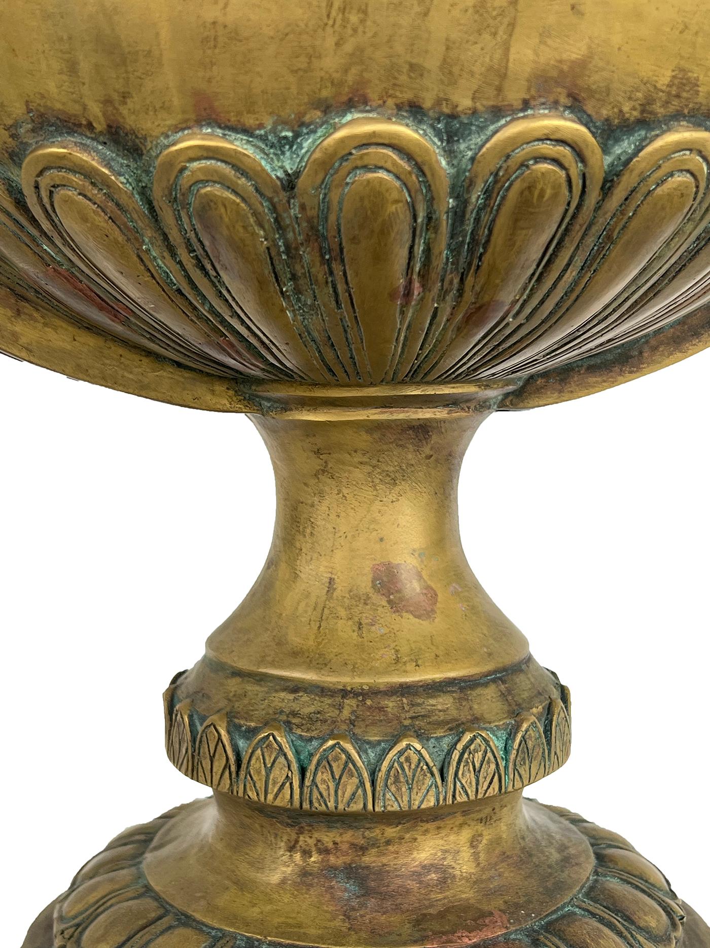 French Louis XVI Style Brass Pedestal Urn with Lion Mask Handles For Sale 1