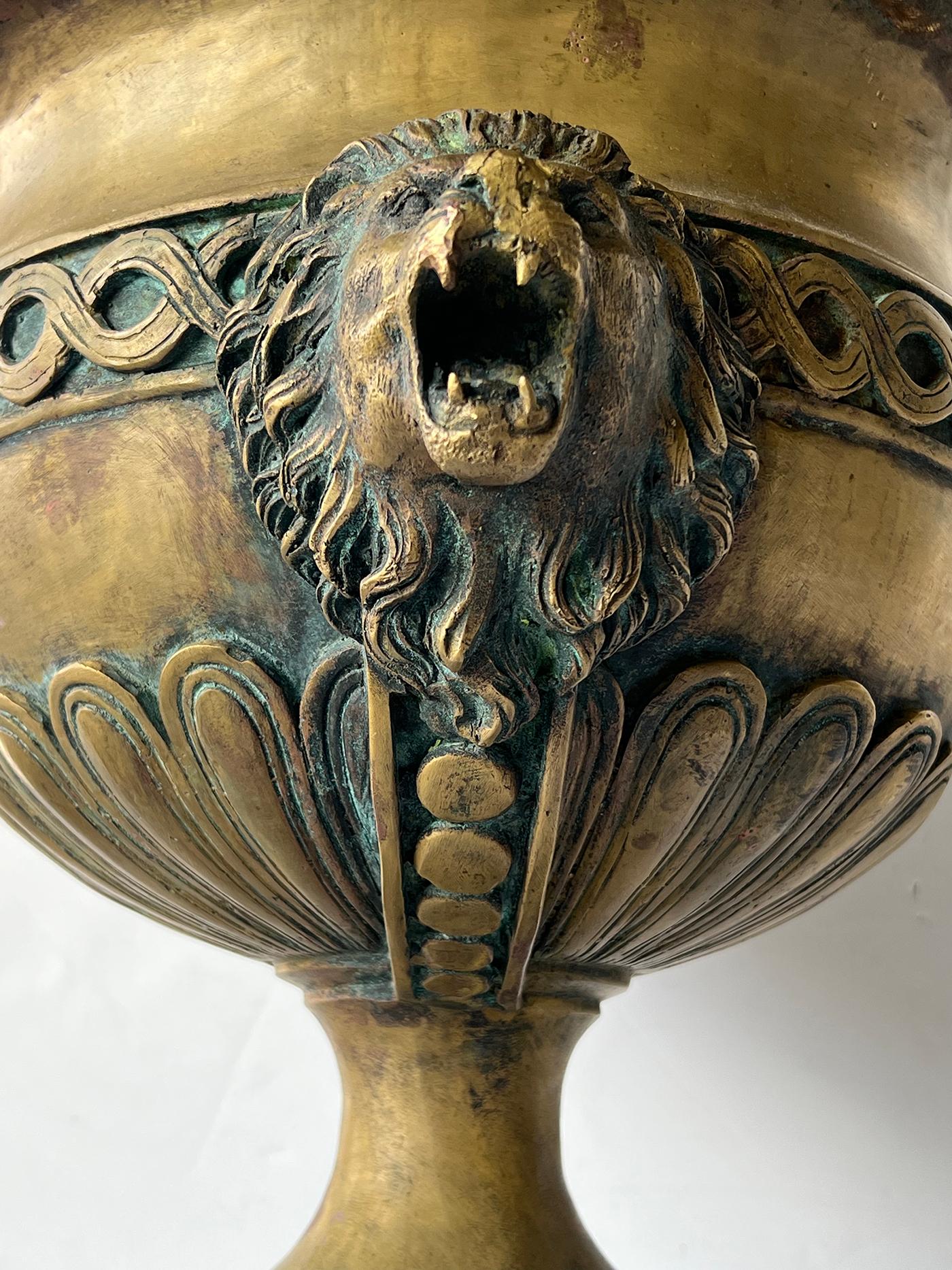 French Louis XVI Style Brass Pedestal Urn with Lion Mask Handles For Sale 3