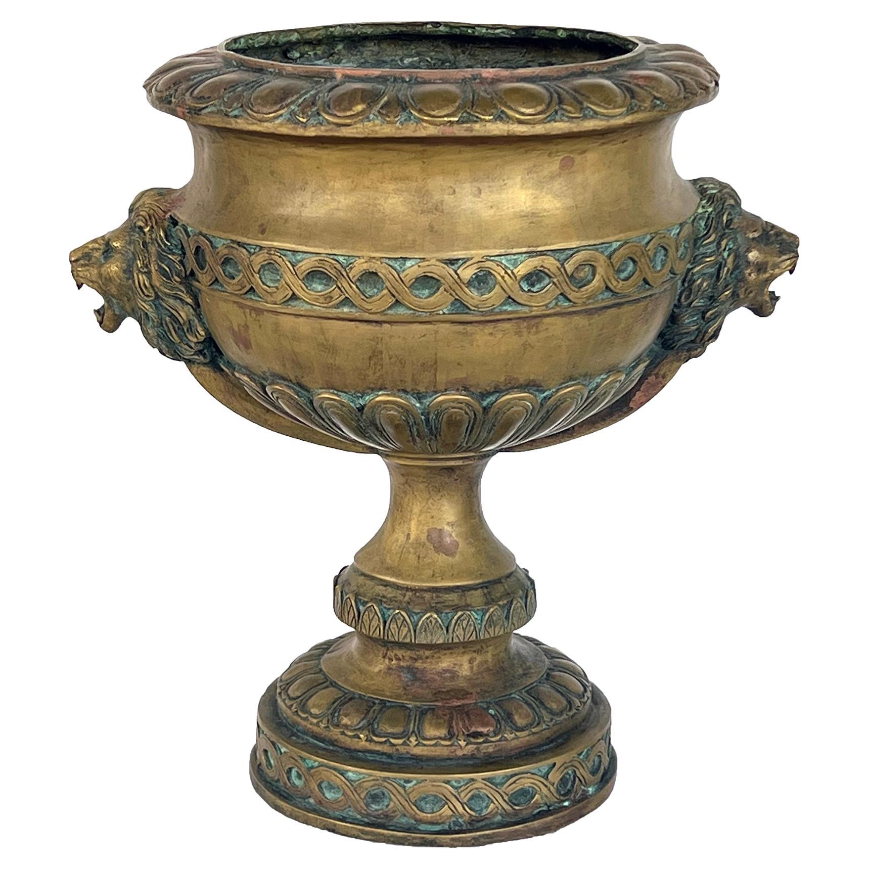 French Louis XVI Style Brass Pedestal Urn with Lion Mask Handles For Sale