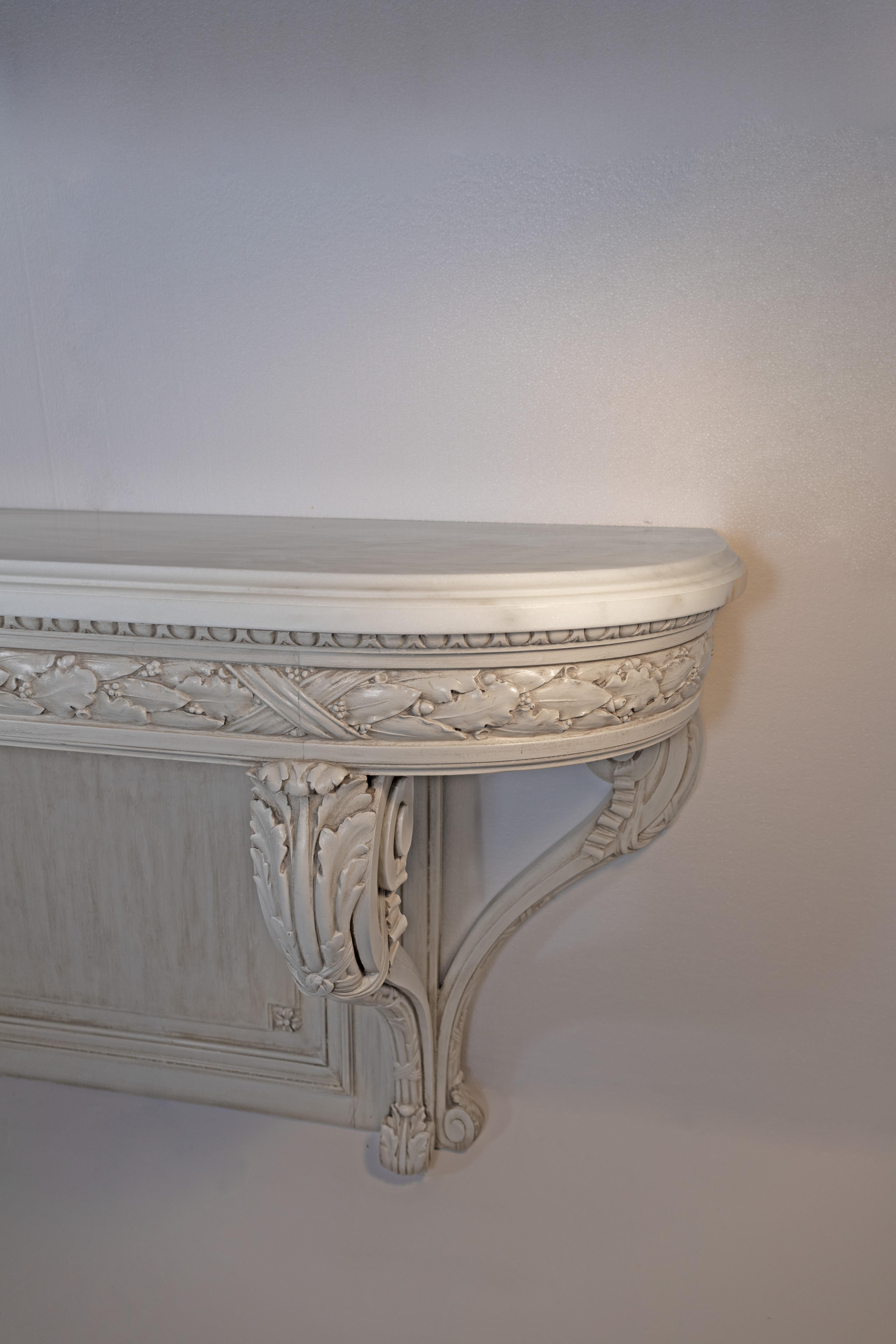 Marble A French Louis XVI style Carved Wood Wall Mounted Console Table For Sale