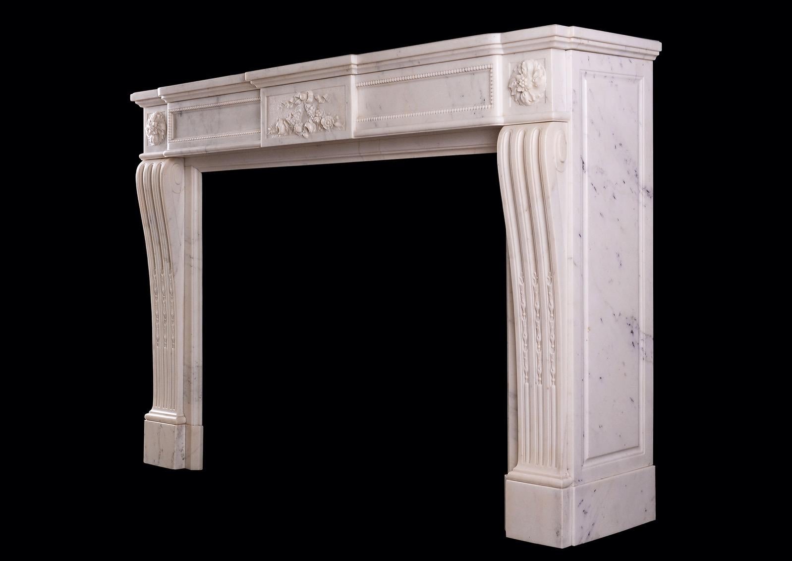 A French Louis XVI Style Fireplace in Statuary White Marble For Sale 1