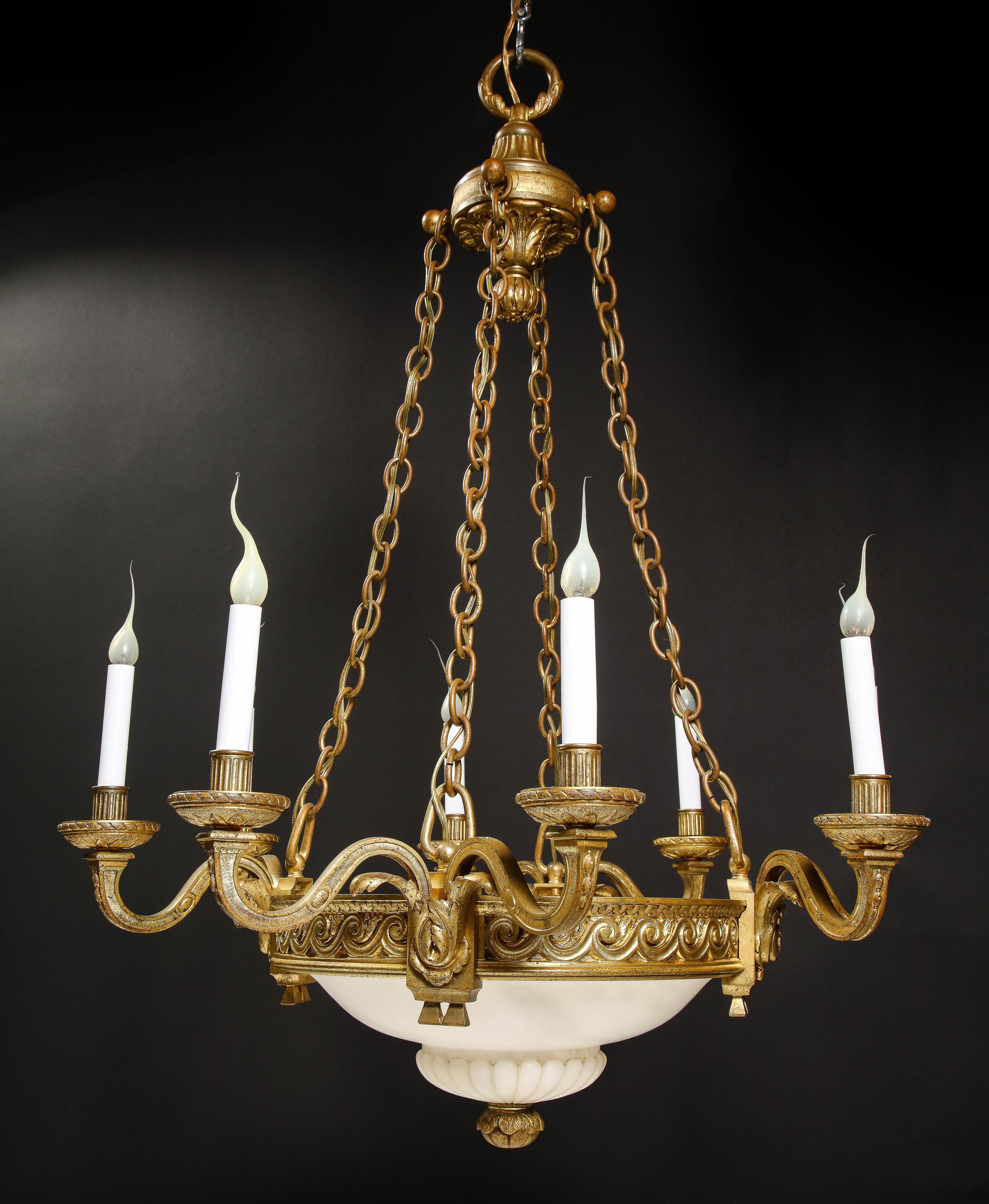 A French Louis XVI Style Gilt Bronze & Carved Alabaster Chandelier For Sale 6