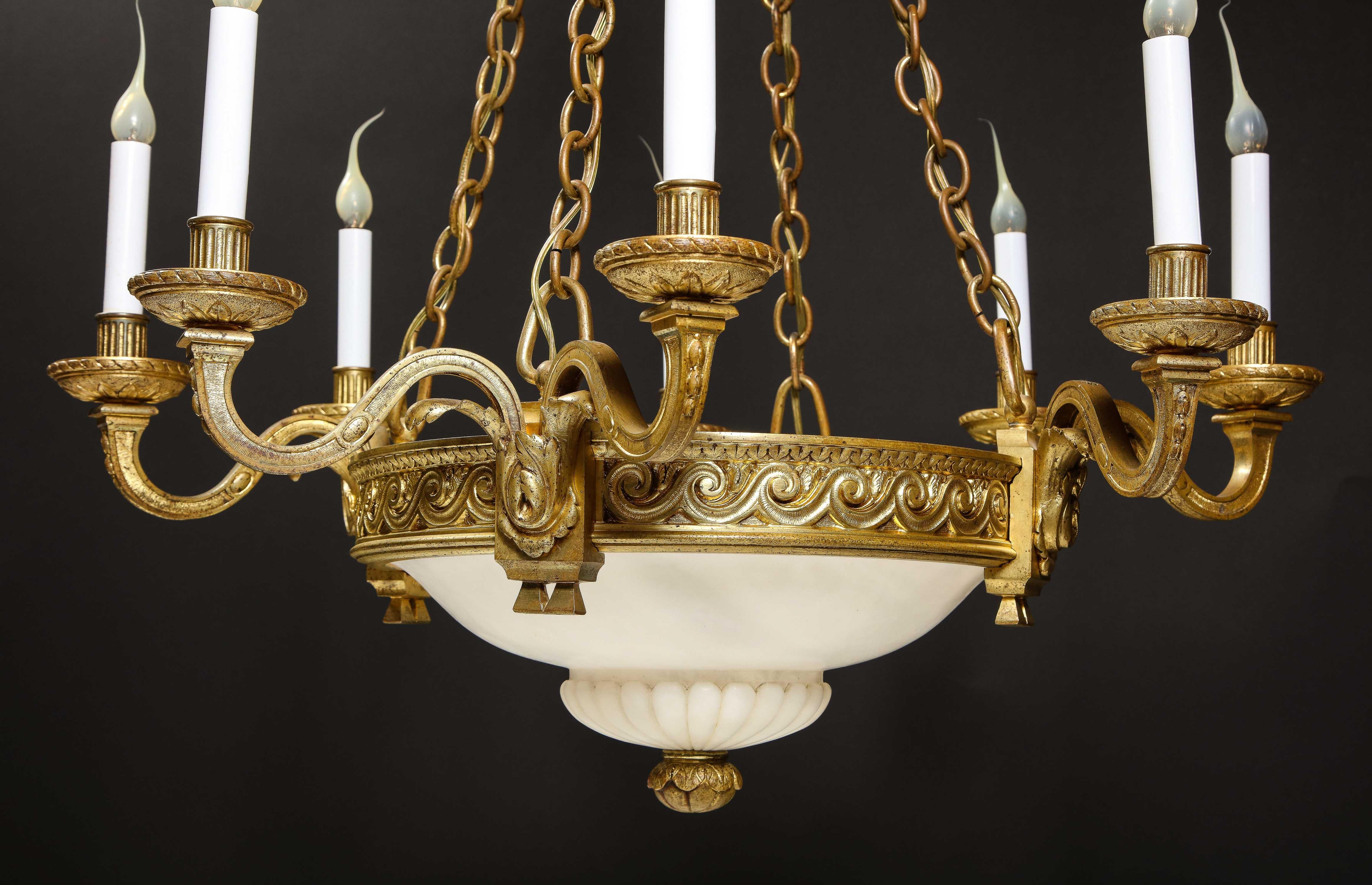 A French Louis XVI Style Gilt Bronze & Carved Alabaster Chandelier For Sale 7