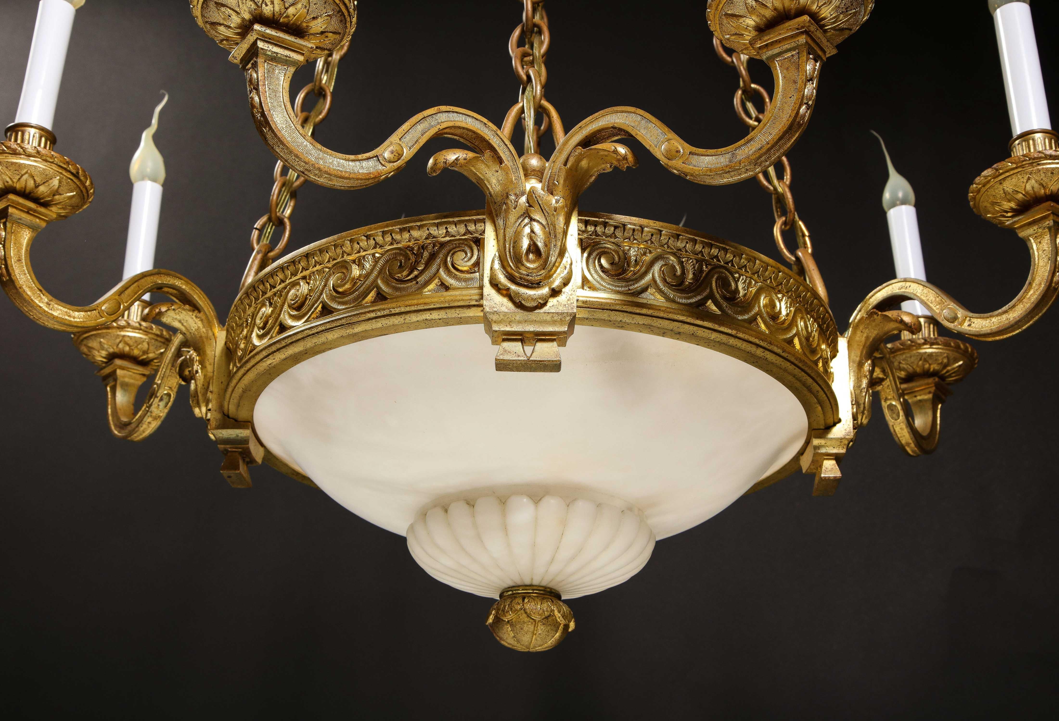 A French Louis XVI Style Gilt Bronze & Carved Alabaster Chandelier For Sale 13