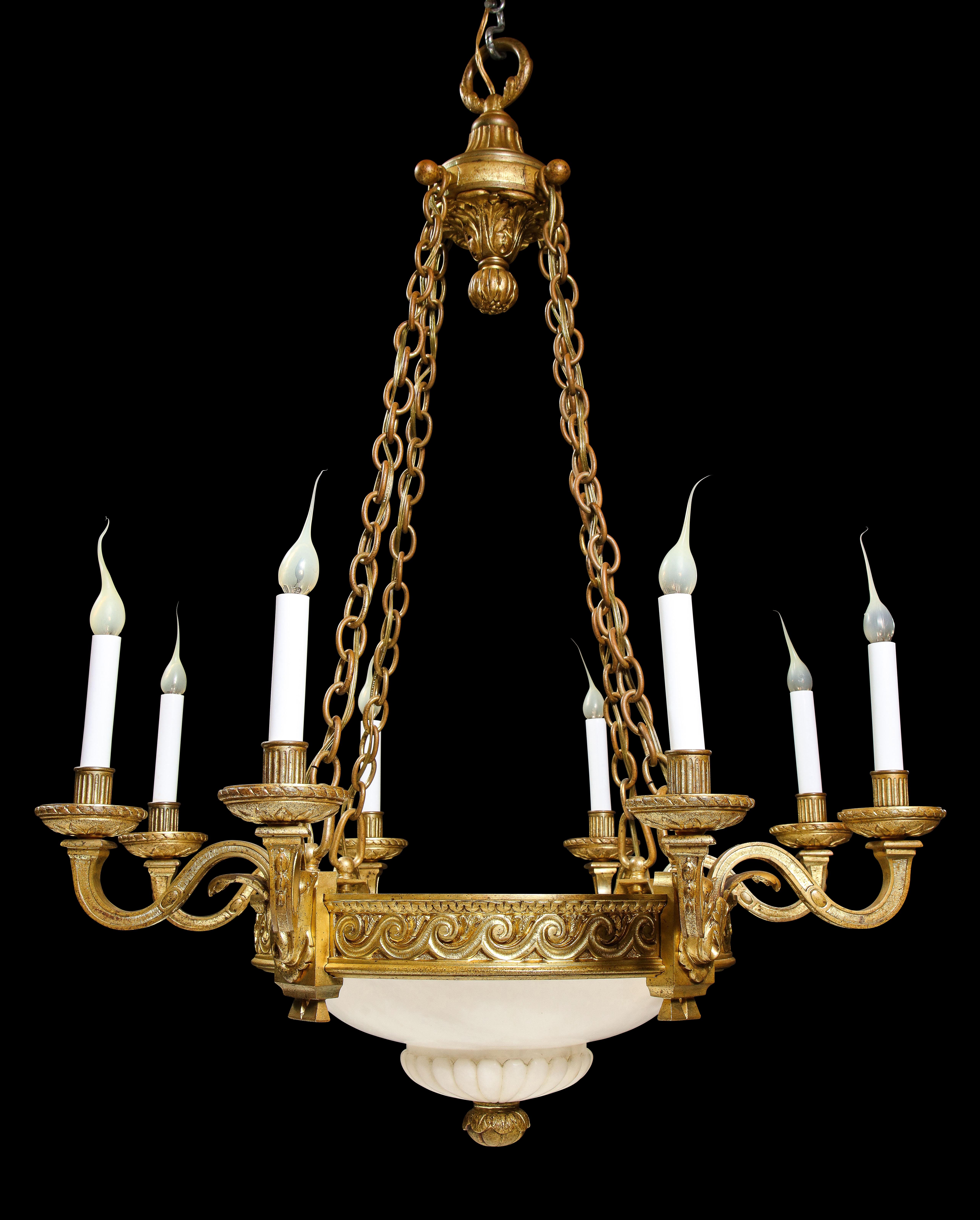 Hand-Carved A French Louis XVI Style Gilt Bronze & Carved Alabaster Chandelier For Sale