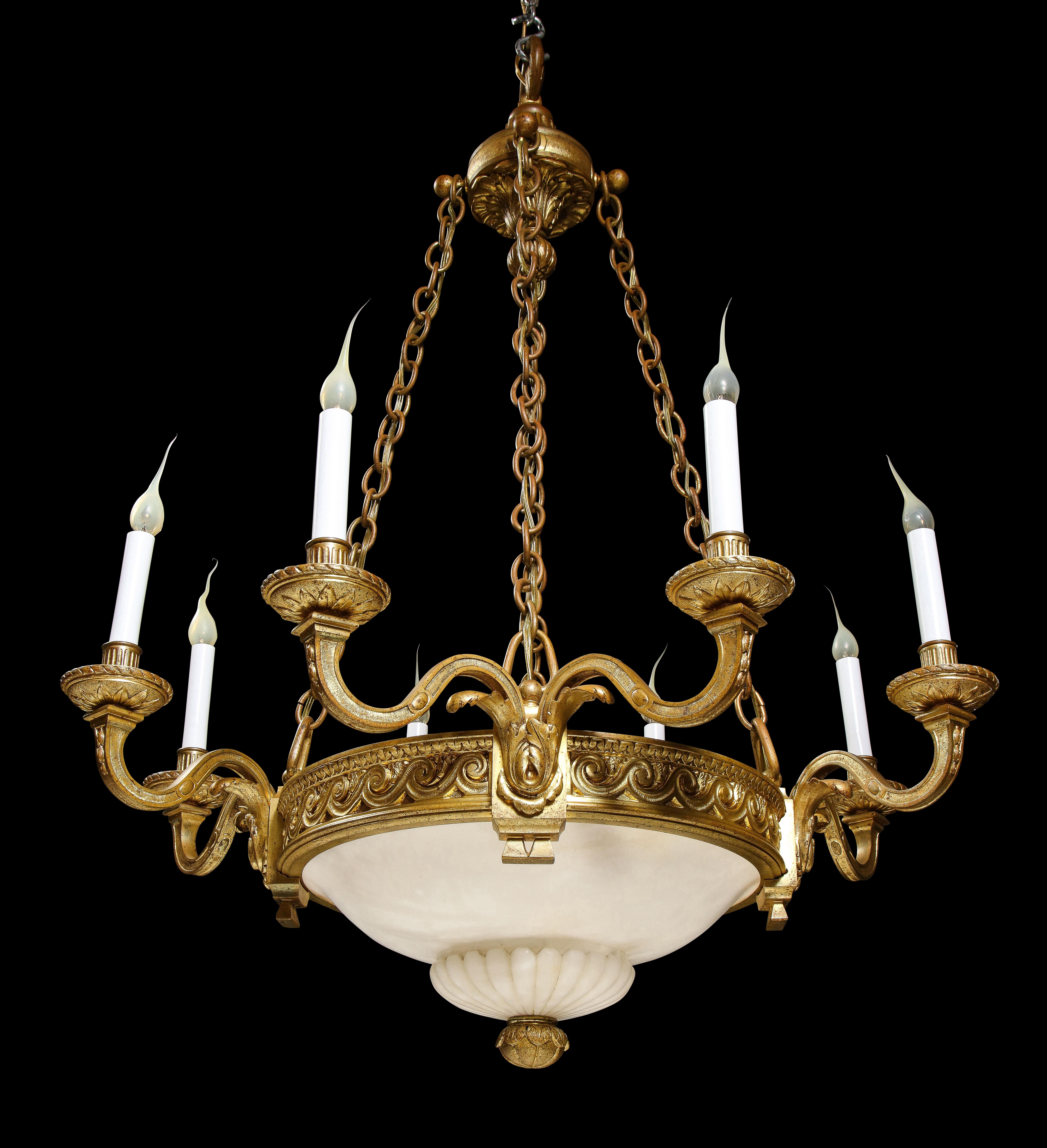 A French Louis XVI Style Gilt Bronze & Carved Alabaster Chandelier In Good Condition For Sale In New York, NY