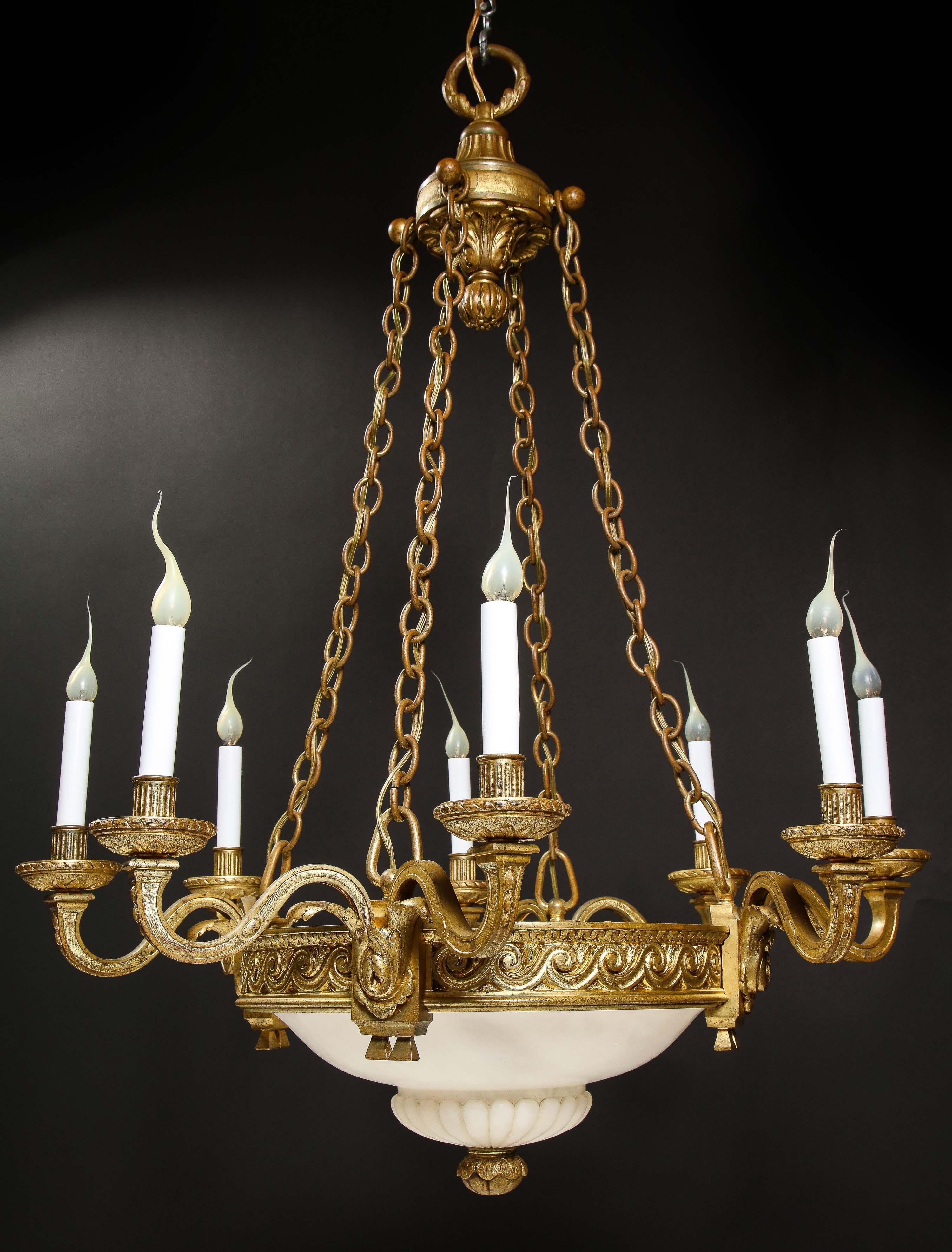 20th Century A French Louis XVI Style Gilt Bronze & Carved Alabaster Chandelier For Sale