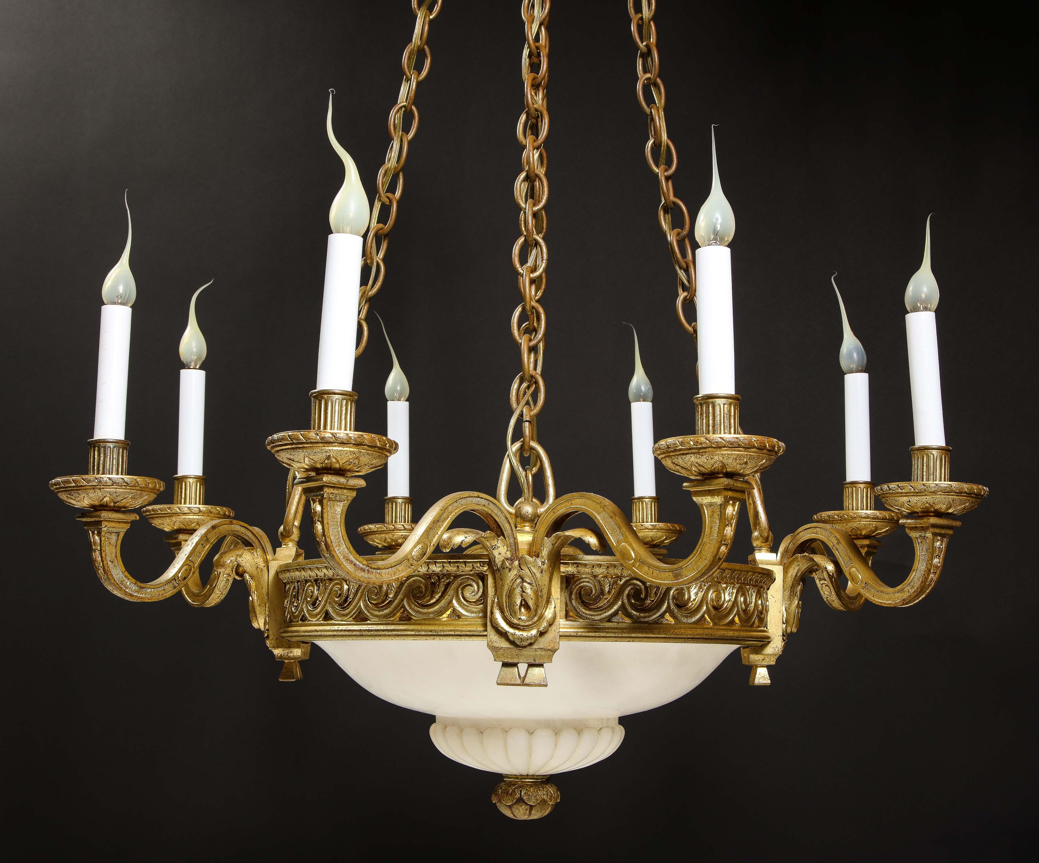 A French Louis XVI Style Gilt Bronze & Carved Alabaster Chandelier For Sale 1