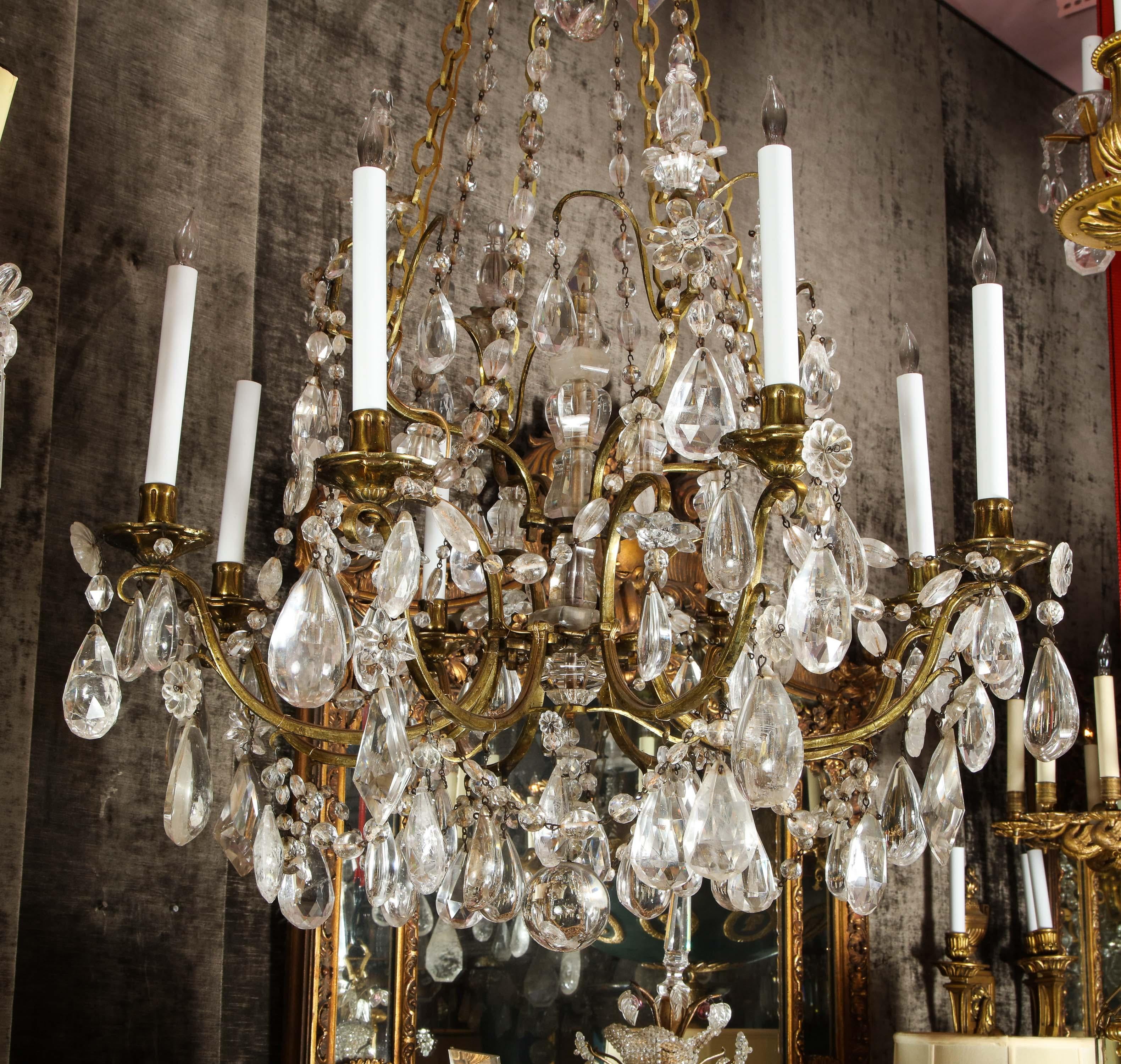 French Louis XVI Style Gilt Bronze and Cut Rock Crystal Multi Light Chandelier In Good Condition For Sale In New York, NY
