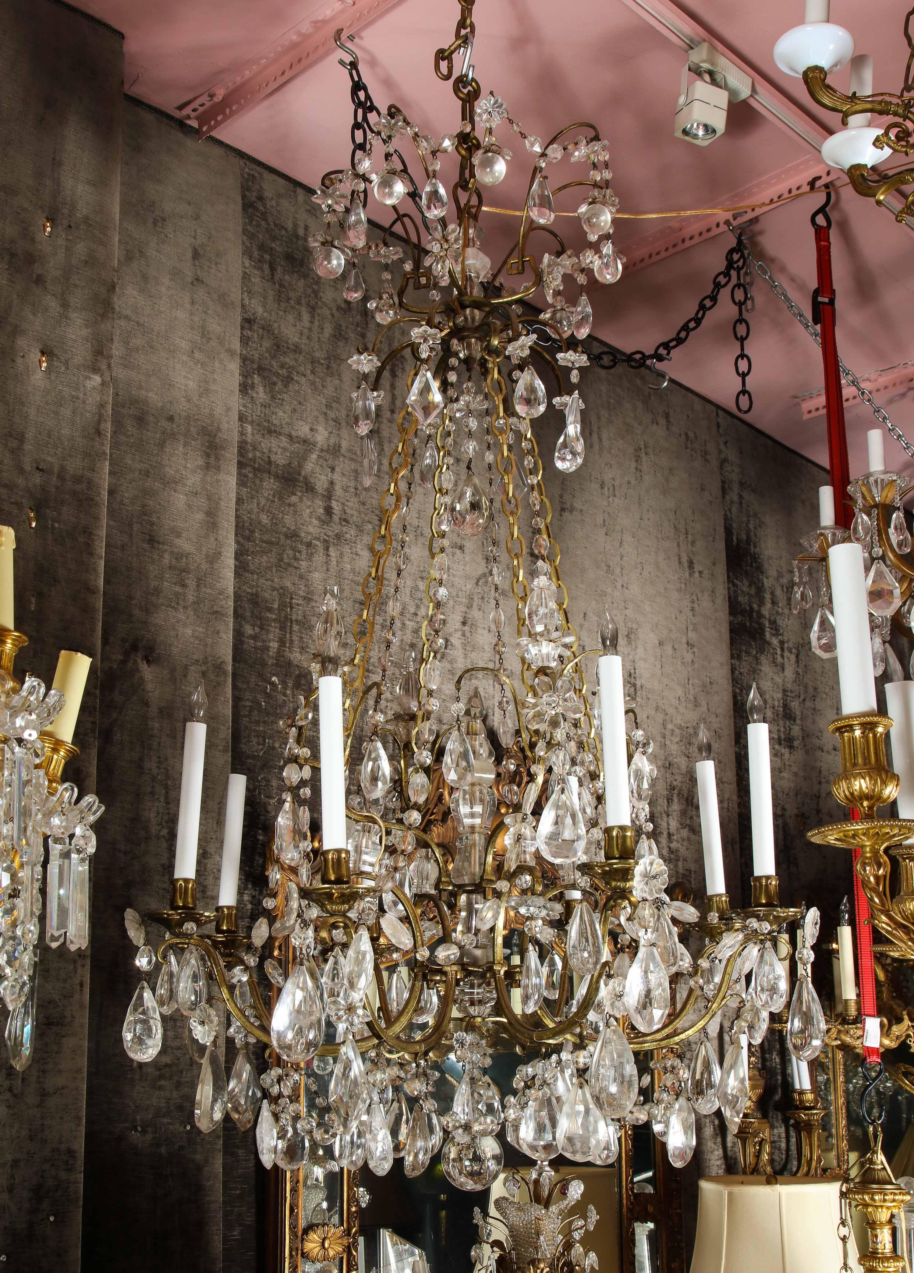 French Louis XVI Style Gilt Bronze and Cut Rock Crystal Multi Light Chandelier For Sale 1