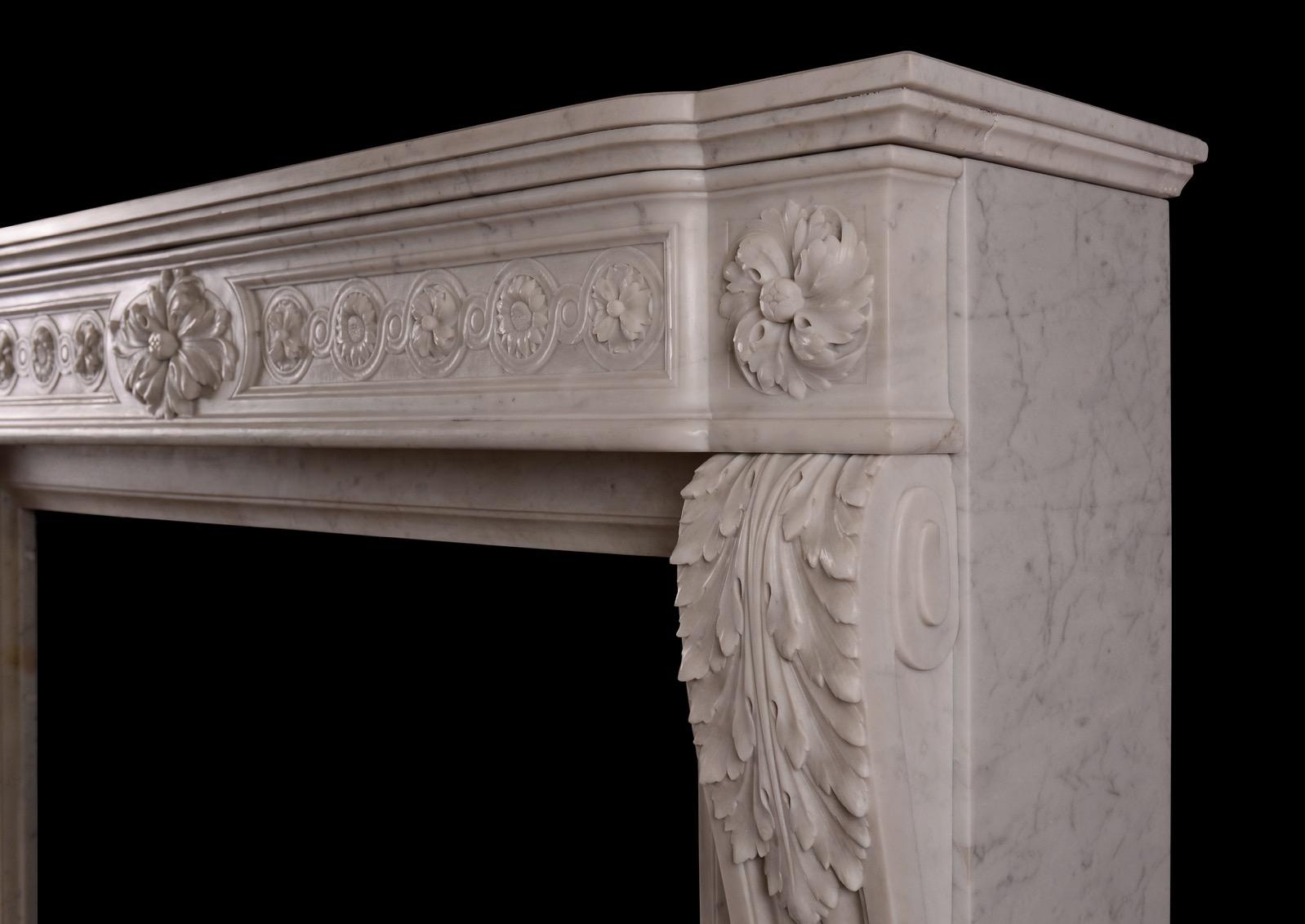 19th Century French Louis XVI Style Marble Fireplace in Carrara Marble For Sale