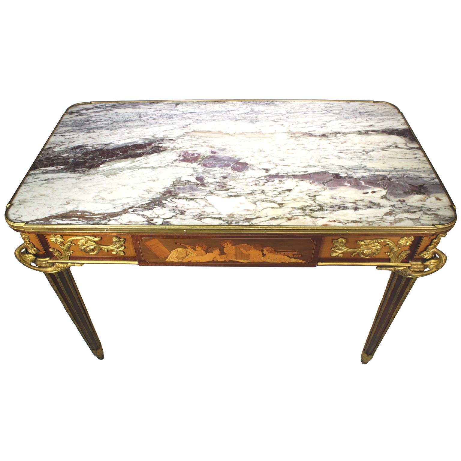 Gilt French Louis XVI Style Ormolu and Marquetry Center Table, François Linke Attr. For Sale