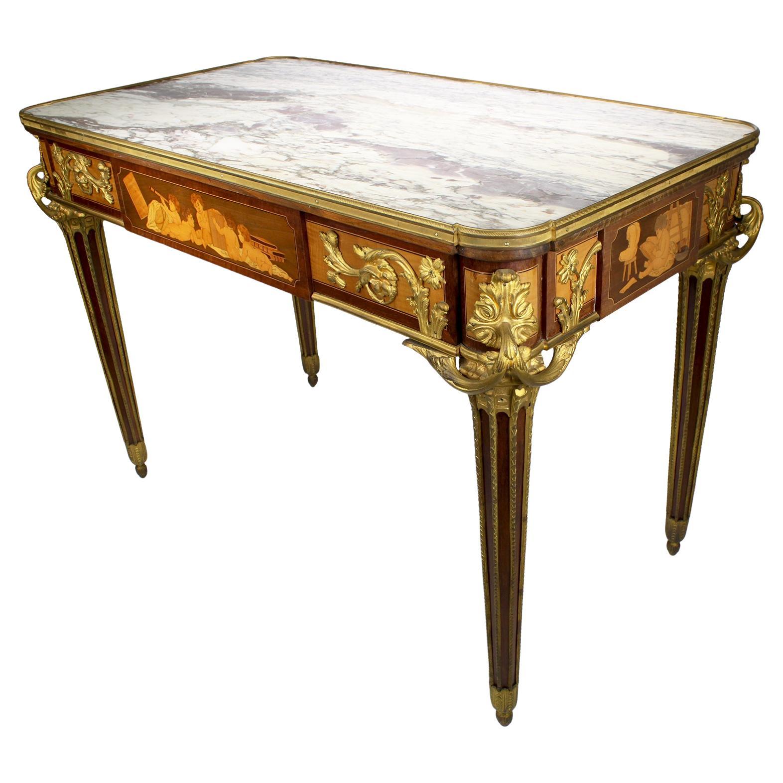 Table centrale en bronze doré et marqueterie de style Louis XVI, François Linke Attr. en vente