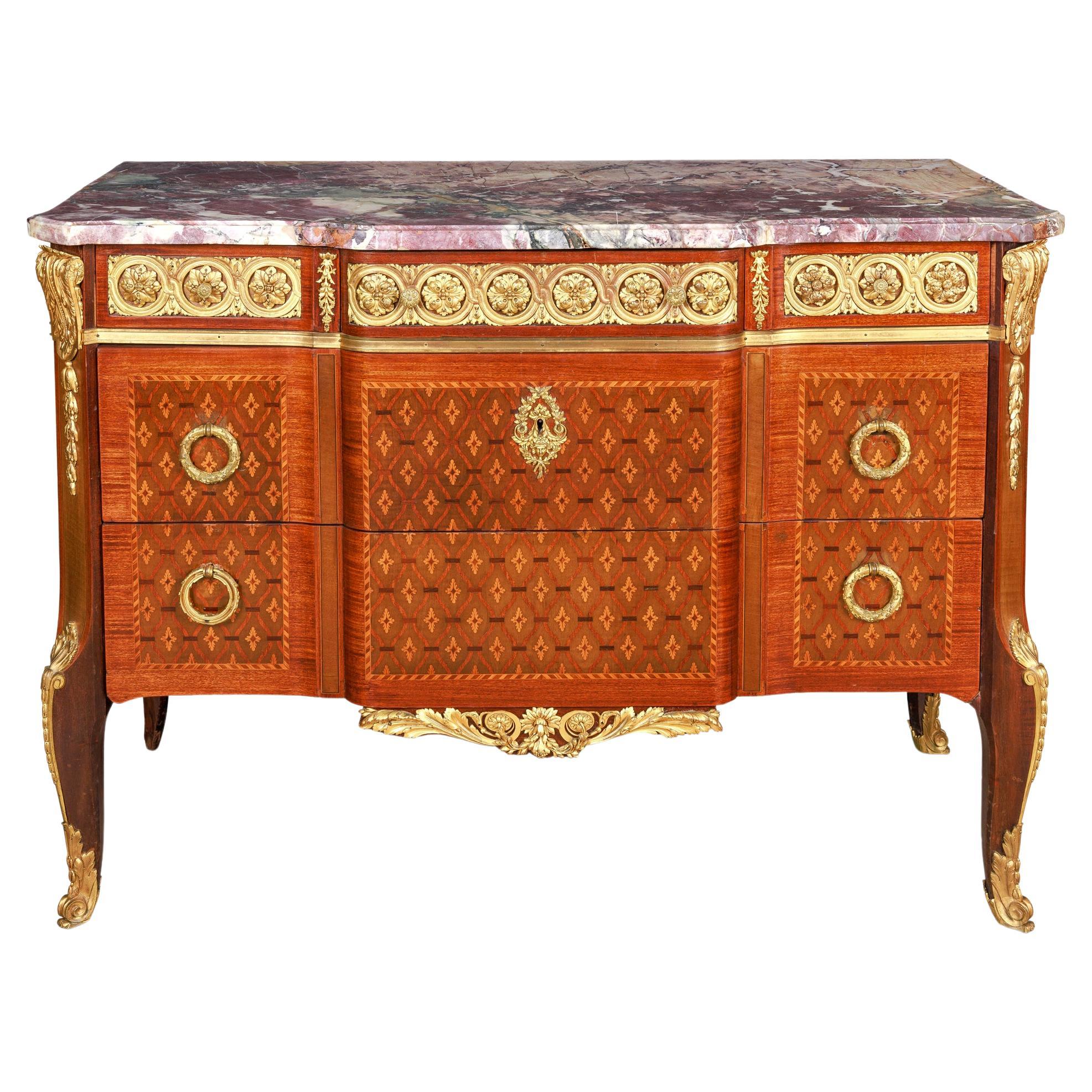 French Louis XVI Style Ormolu-Mounted Marquetry and Parquetry Commode For Sale