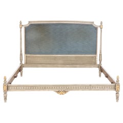 Vintage French Louis XVI Style Painted and Parcel Gilt Queen size Bed, C 1940